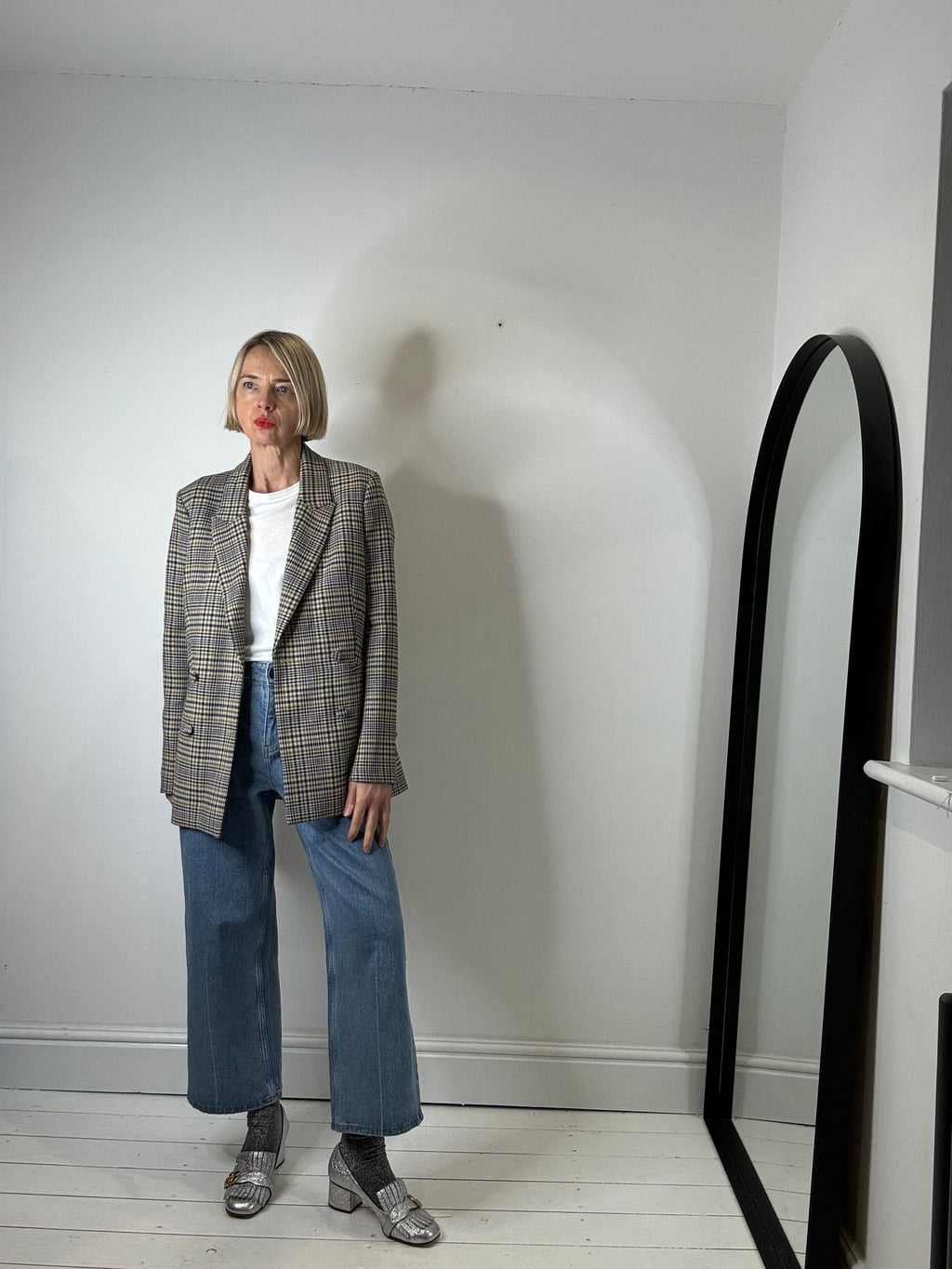 Check Double Breasted Blazer in Navy, Mustard and Olive