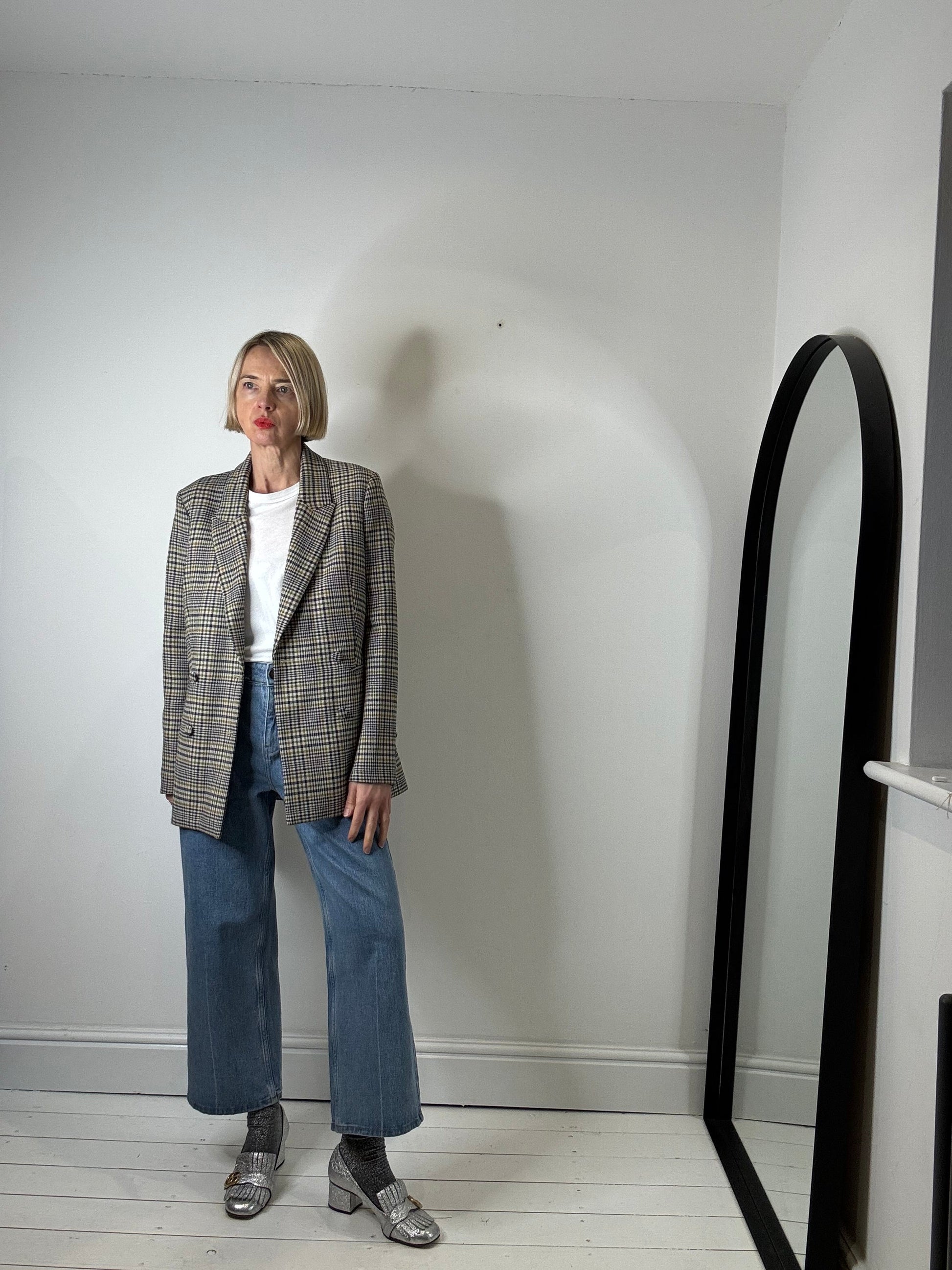 Check Double Breasted Blazer in Navy, Mustard and Olive