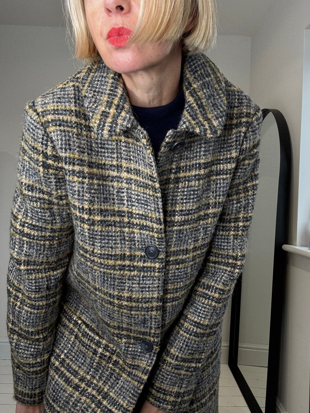 Check Textured Single Breasted Coat