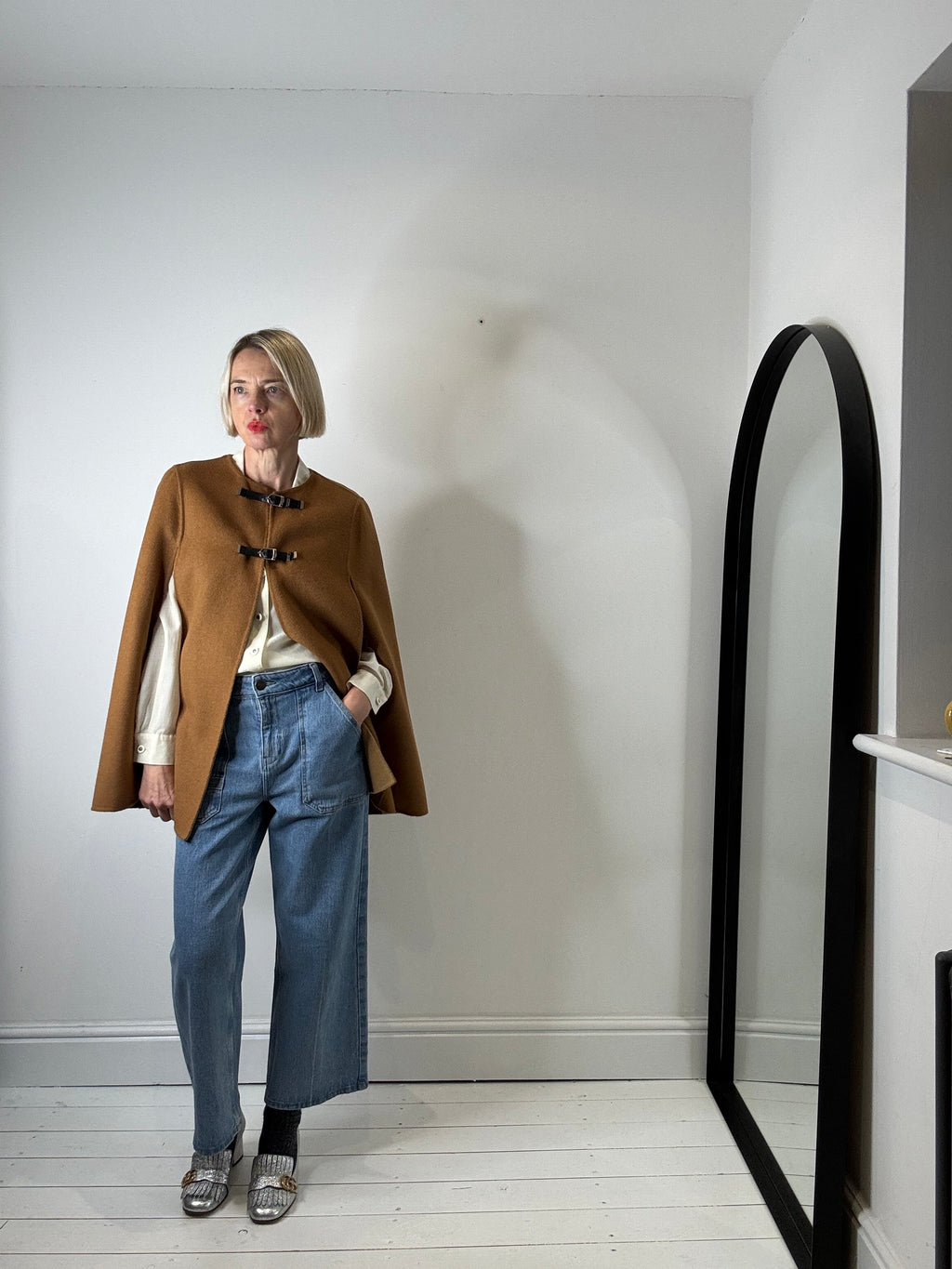 Double Faced Camel and Black Cape with Gold Buckle