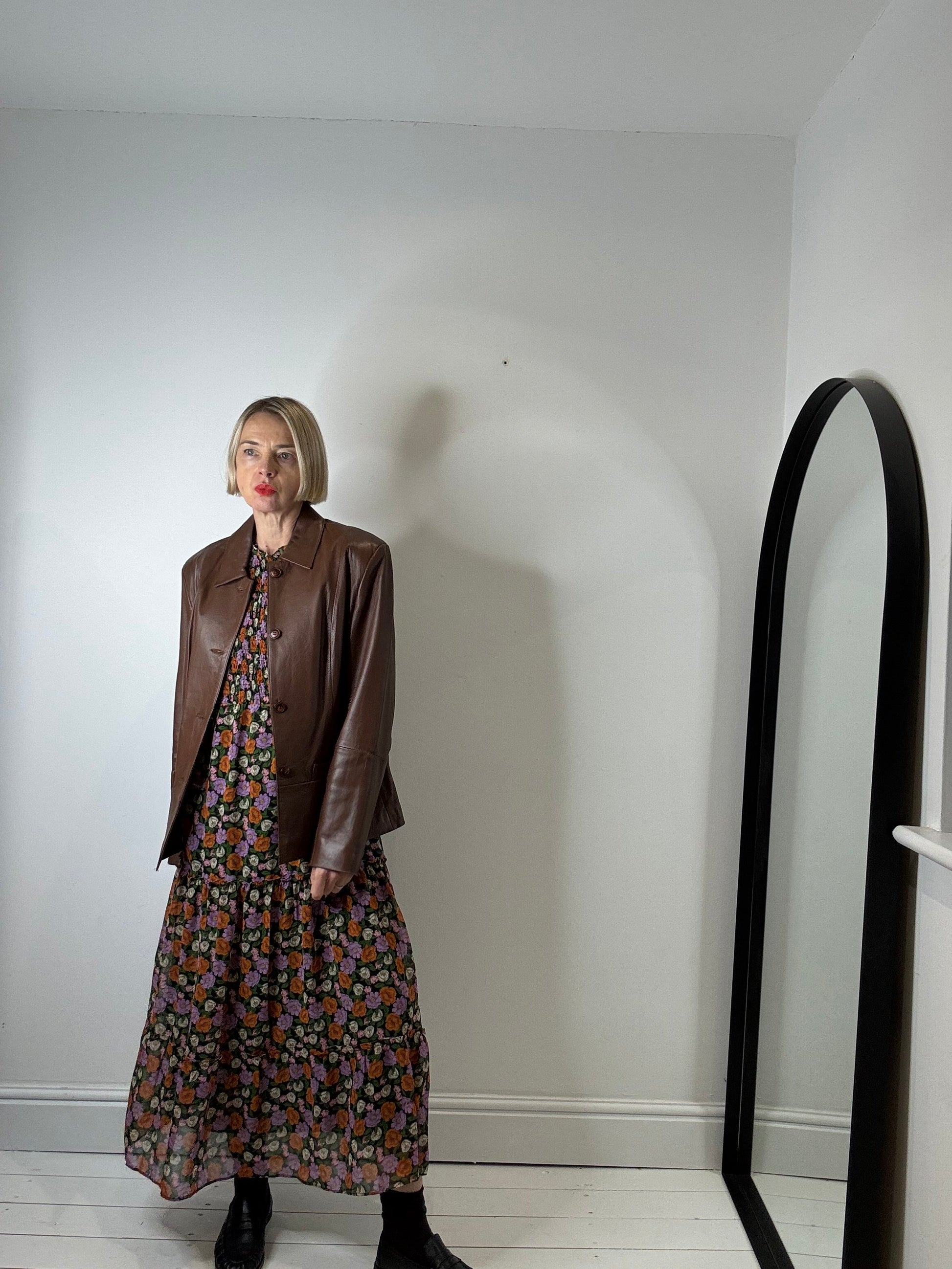 Floral Midi Dress with Shirred Bodice and Frill Collar