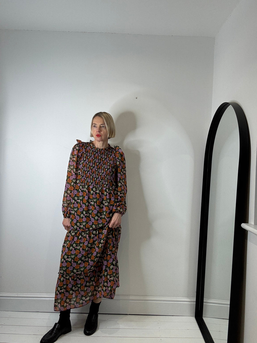 Floral Midi Dress with Shirred Bodice and Frill Collar