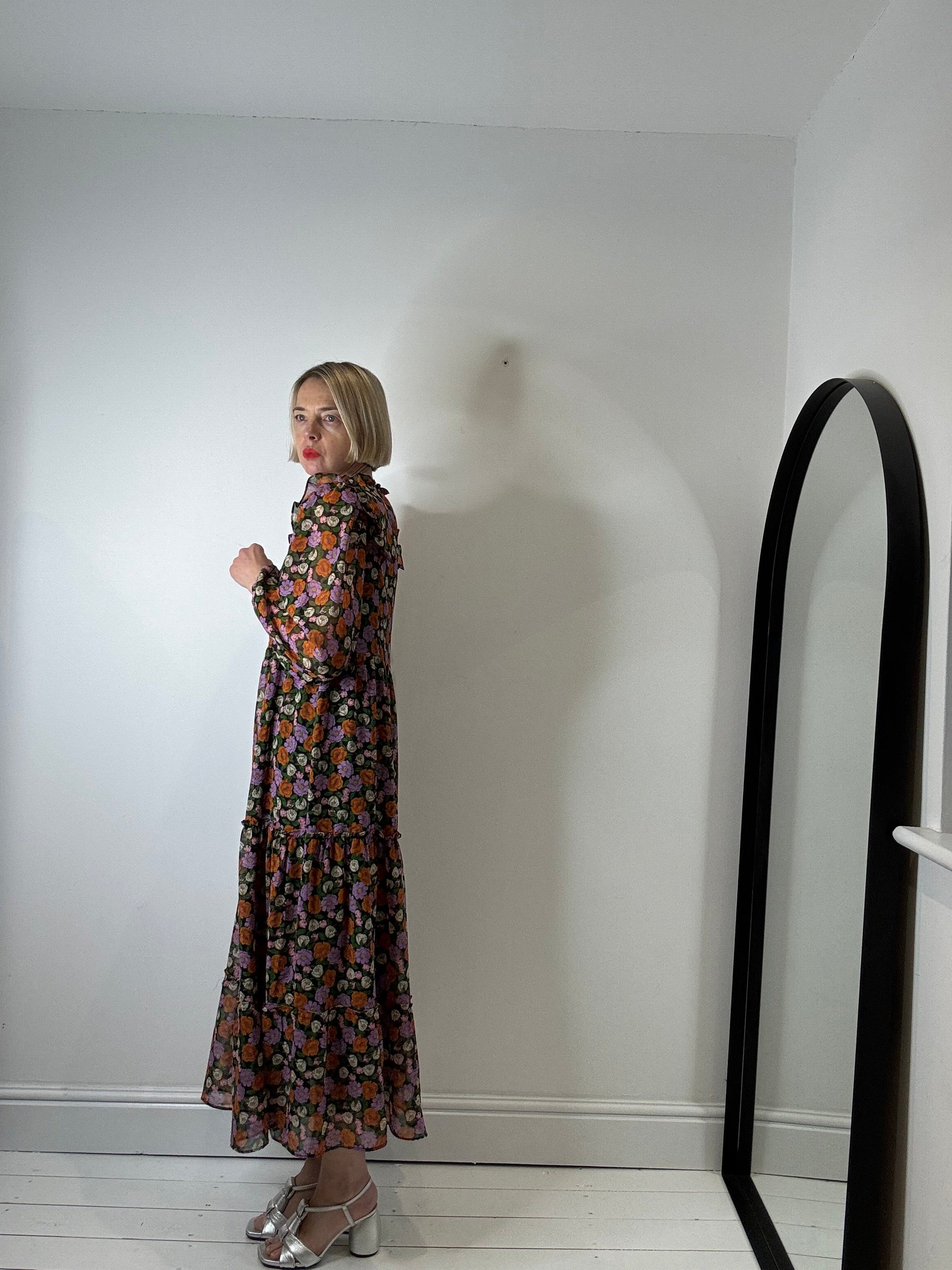 Floral Midi Dress with Shirred Bodice and Frill Collar