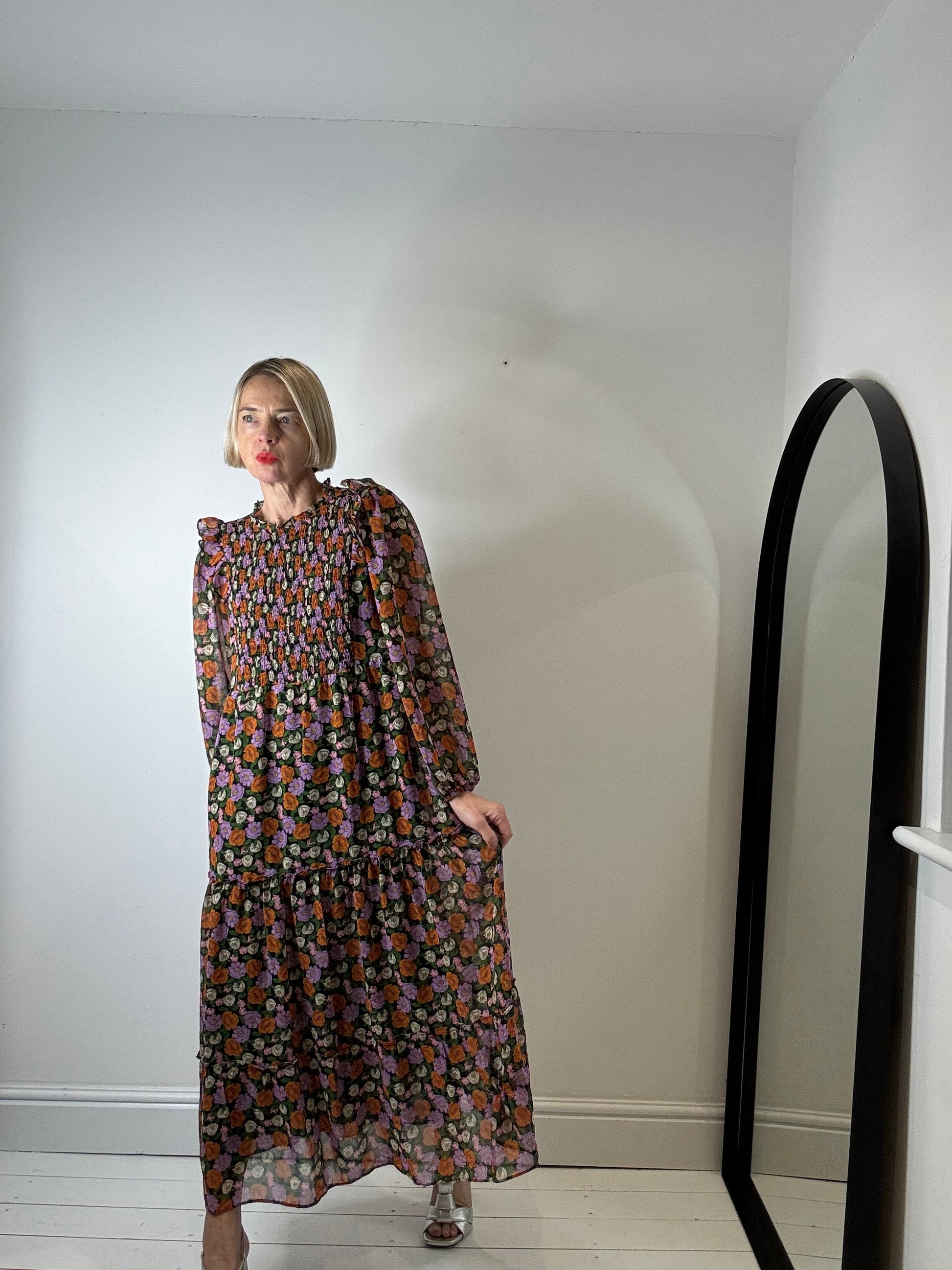 Floral Midi Dress with Shirred Bodice and Frill Collar