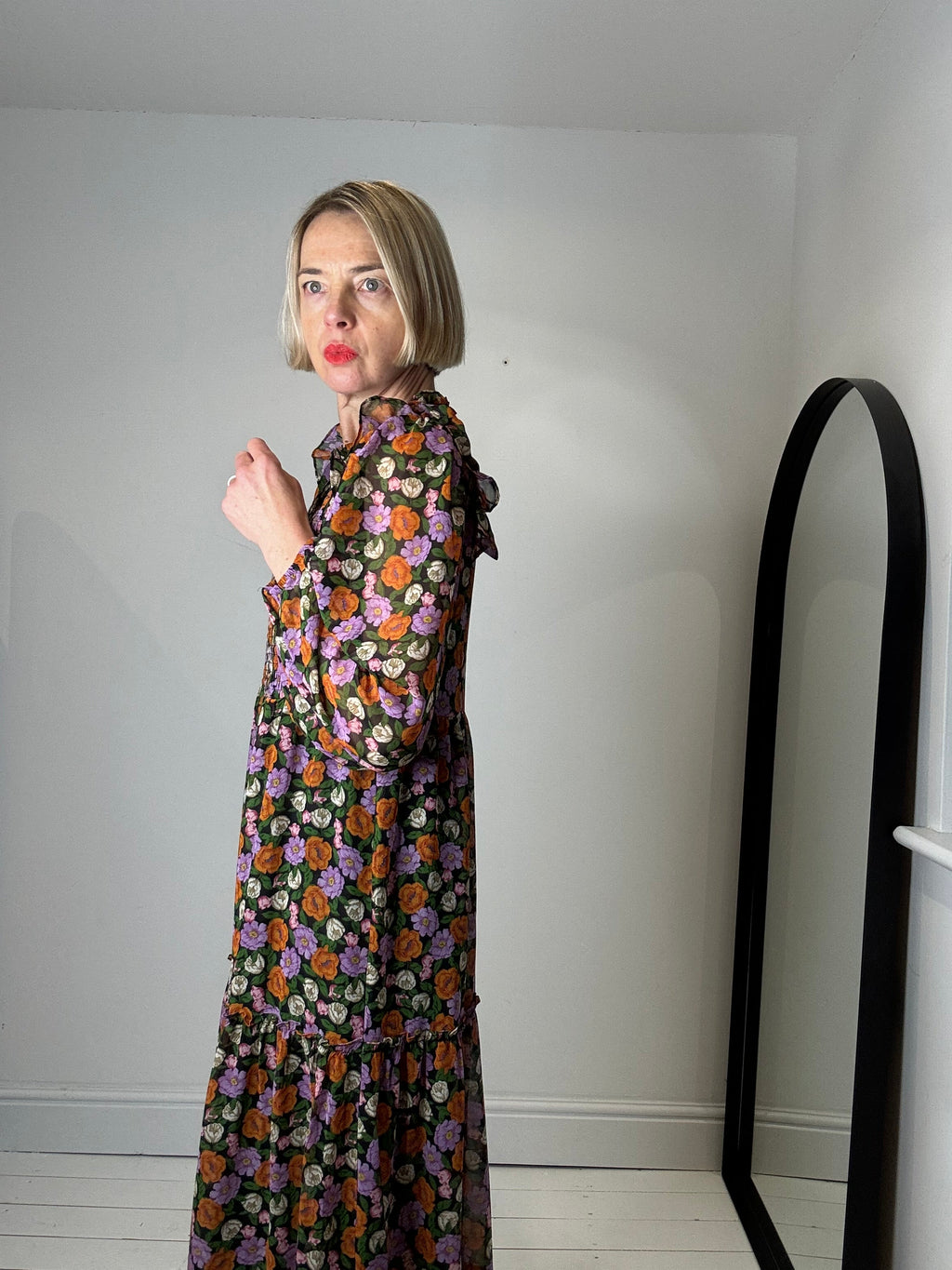 Floral Midi Dress with Shirred Bodice and Frill Collar