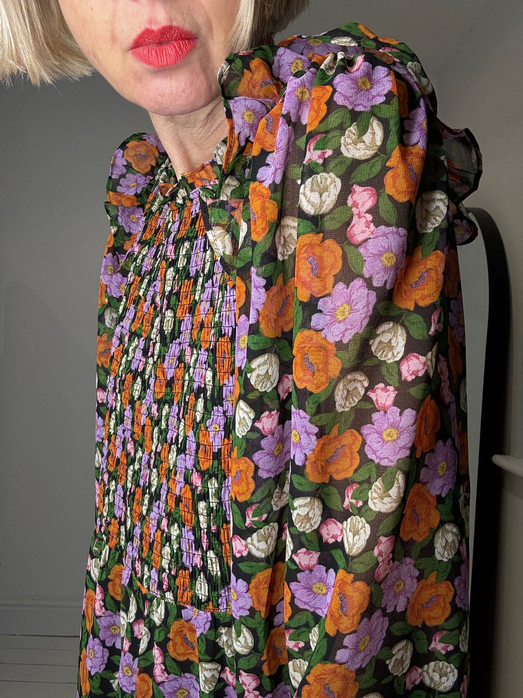 Floral Midi Dress with Shirred Bodice and Frill Collar