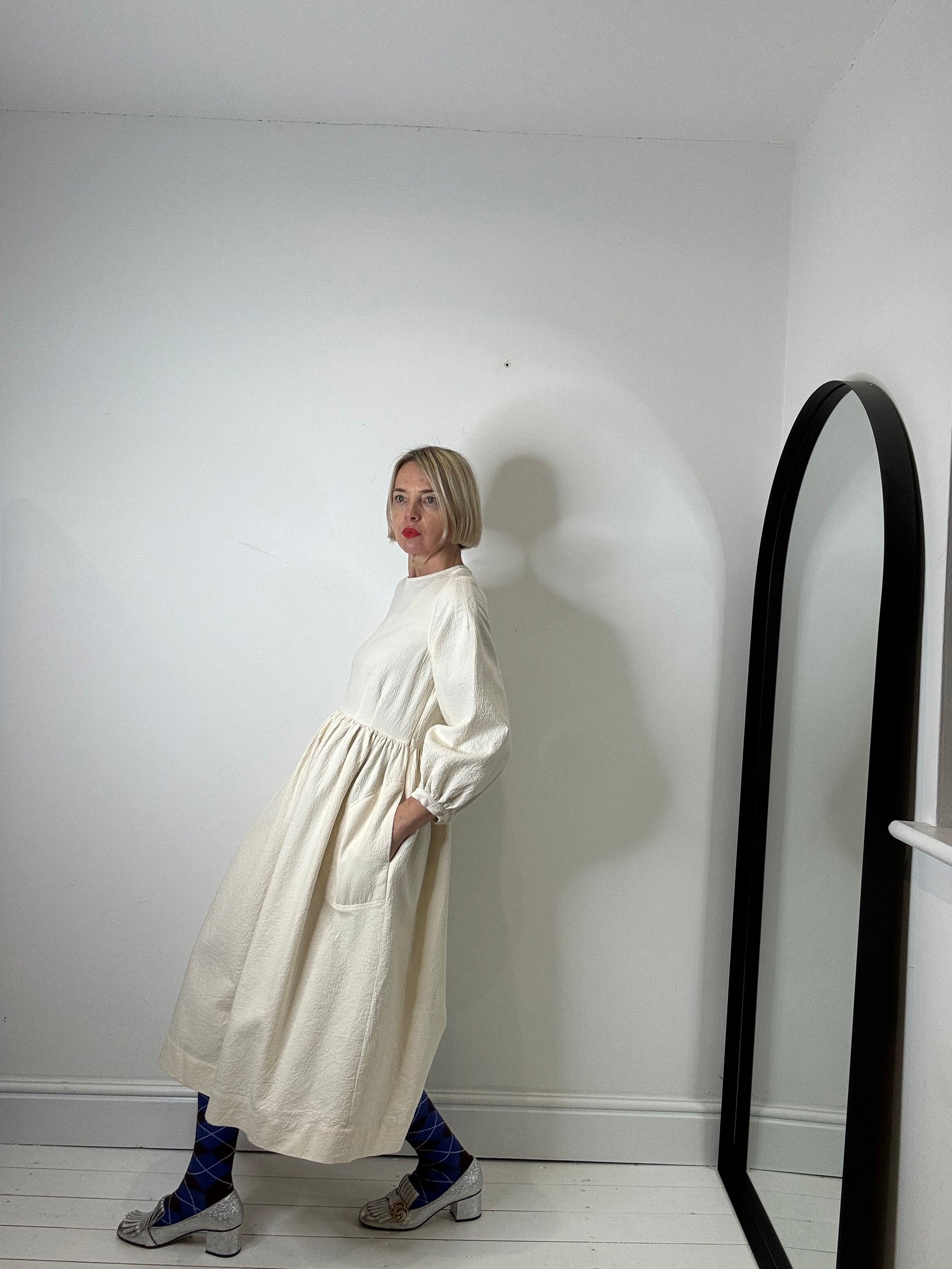 Rosalie Organic Cotton Jacquard Midi Dress in Cream