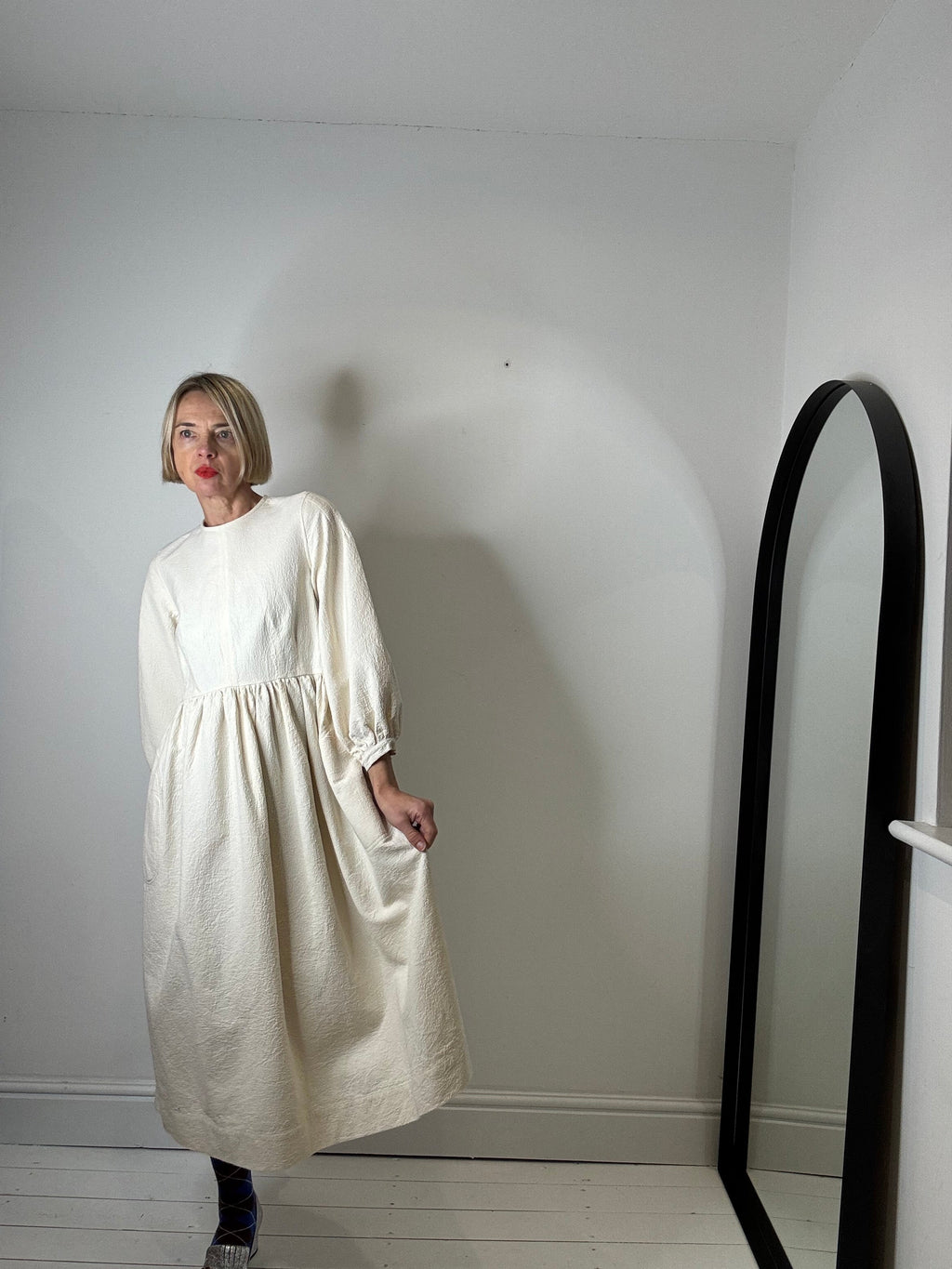 Rosalie Organic Cotton Jacquard Midi Dress in Cream