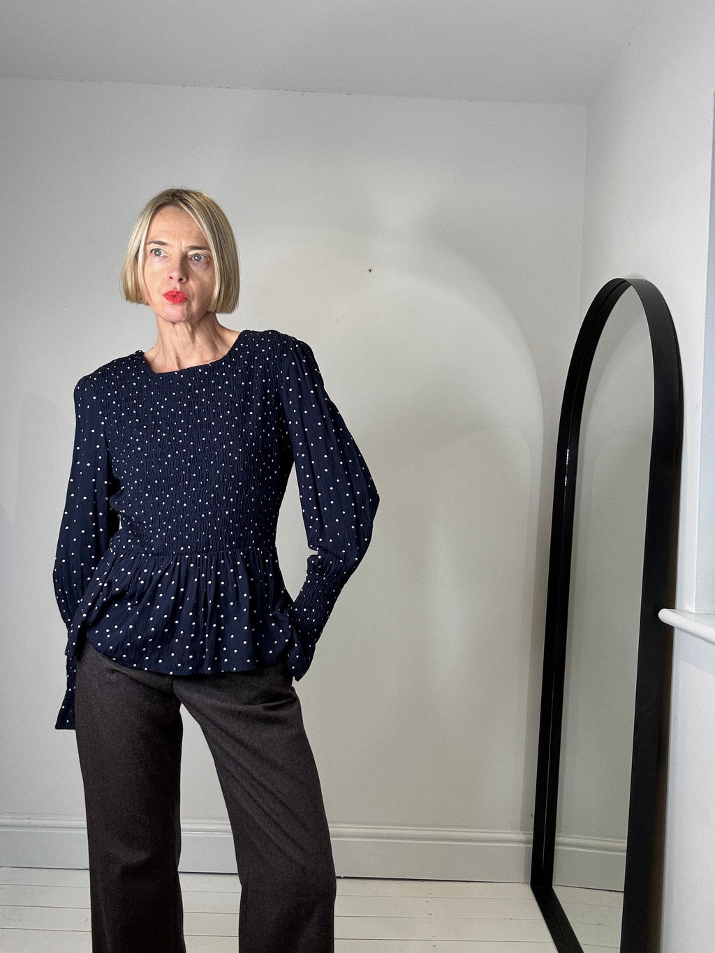 Navy Spot Print Long Sleeve Crepe Top