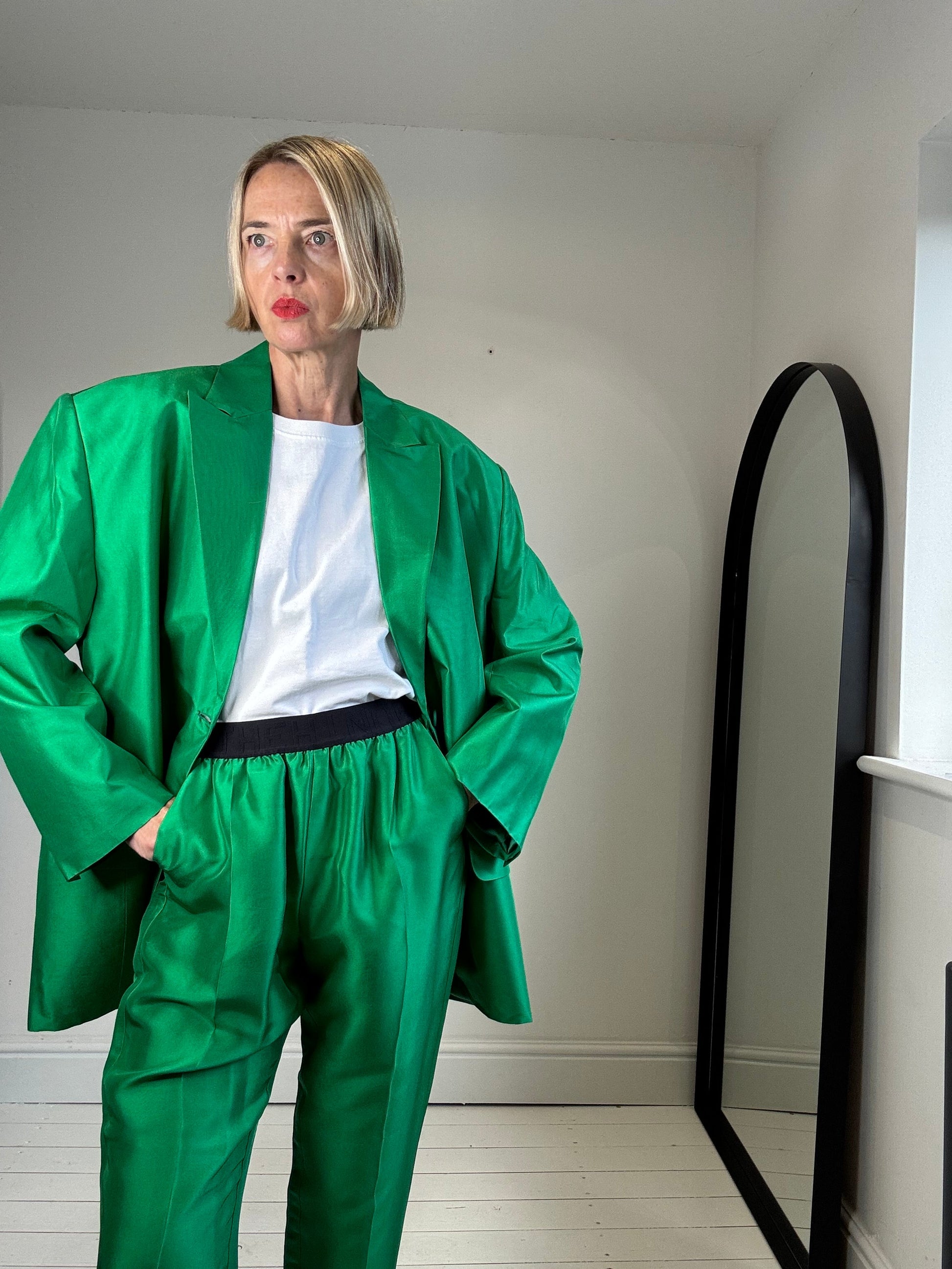 100% Silk Suit in Oversized Blazer and Tapered Trousers