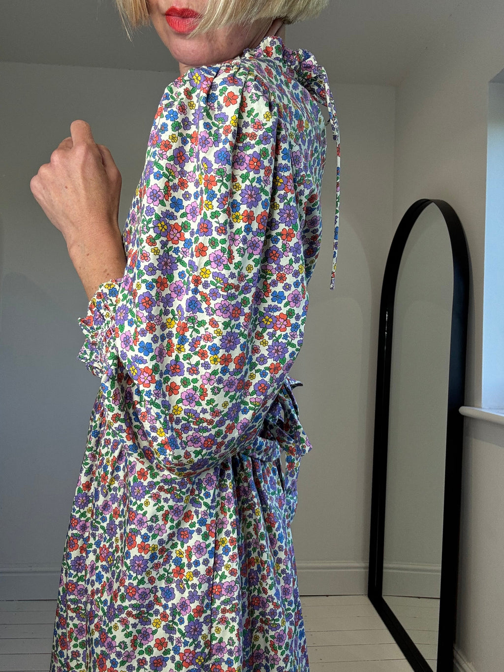 Cotton Printed Dress with Tie Waist and Peplum Hem