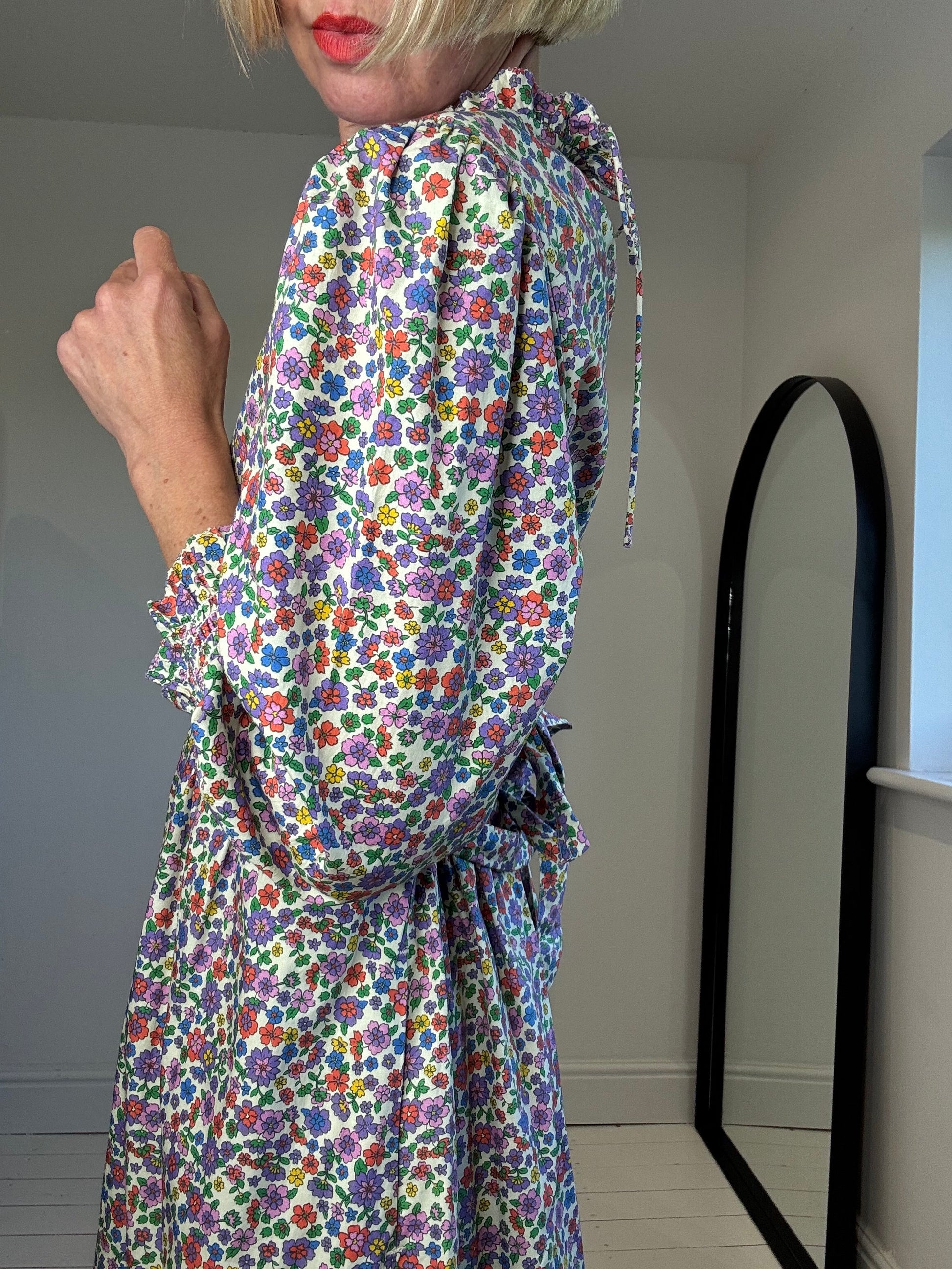 Cotton Printed Dress with Tie Waist and Peplum Hem