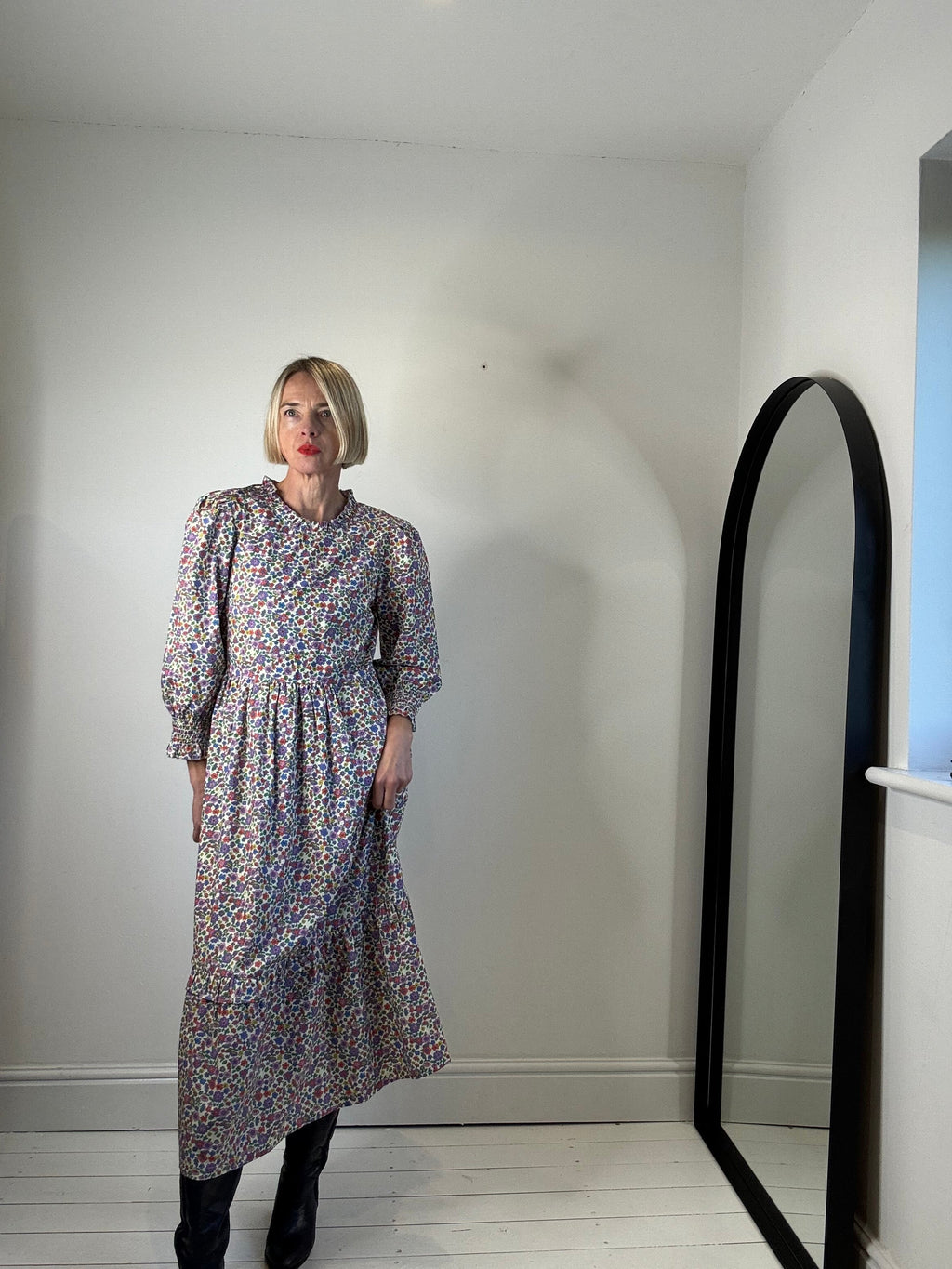 Cotton Printed Dress with Tie Waist and Peplum Hem