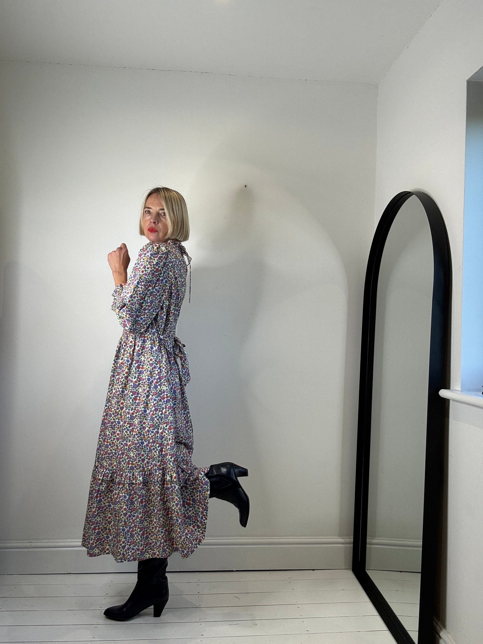 Cotton Printed Dress with Tie Waist and Peplum Hem