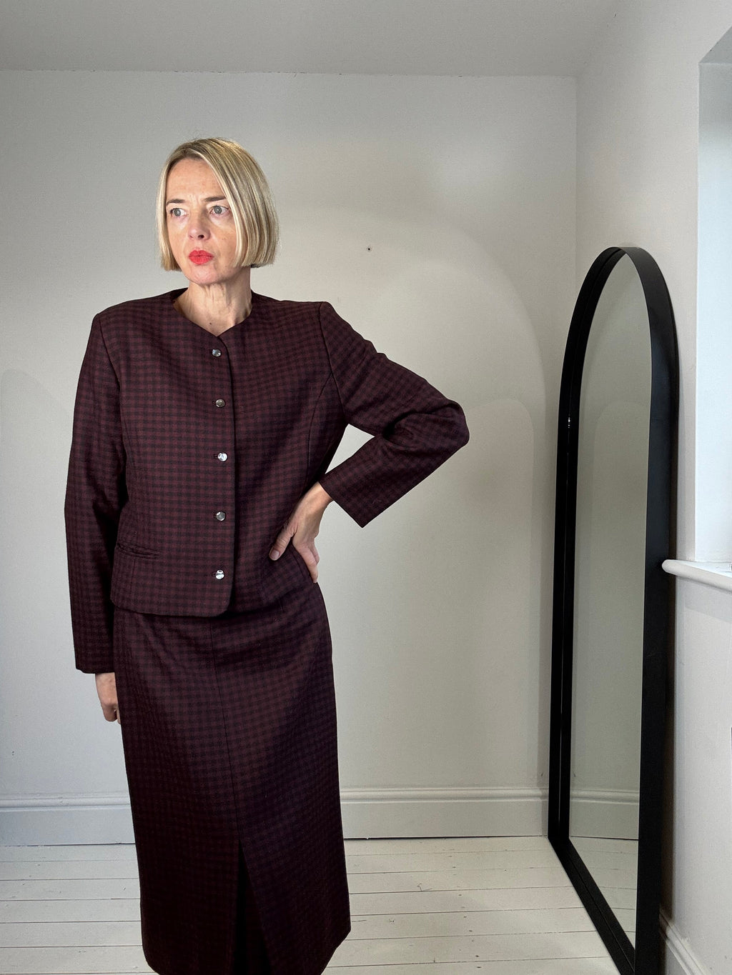 Wool Check Skirt with Box Pleat in Burgundy and Black