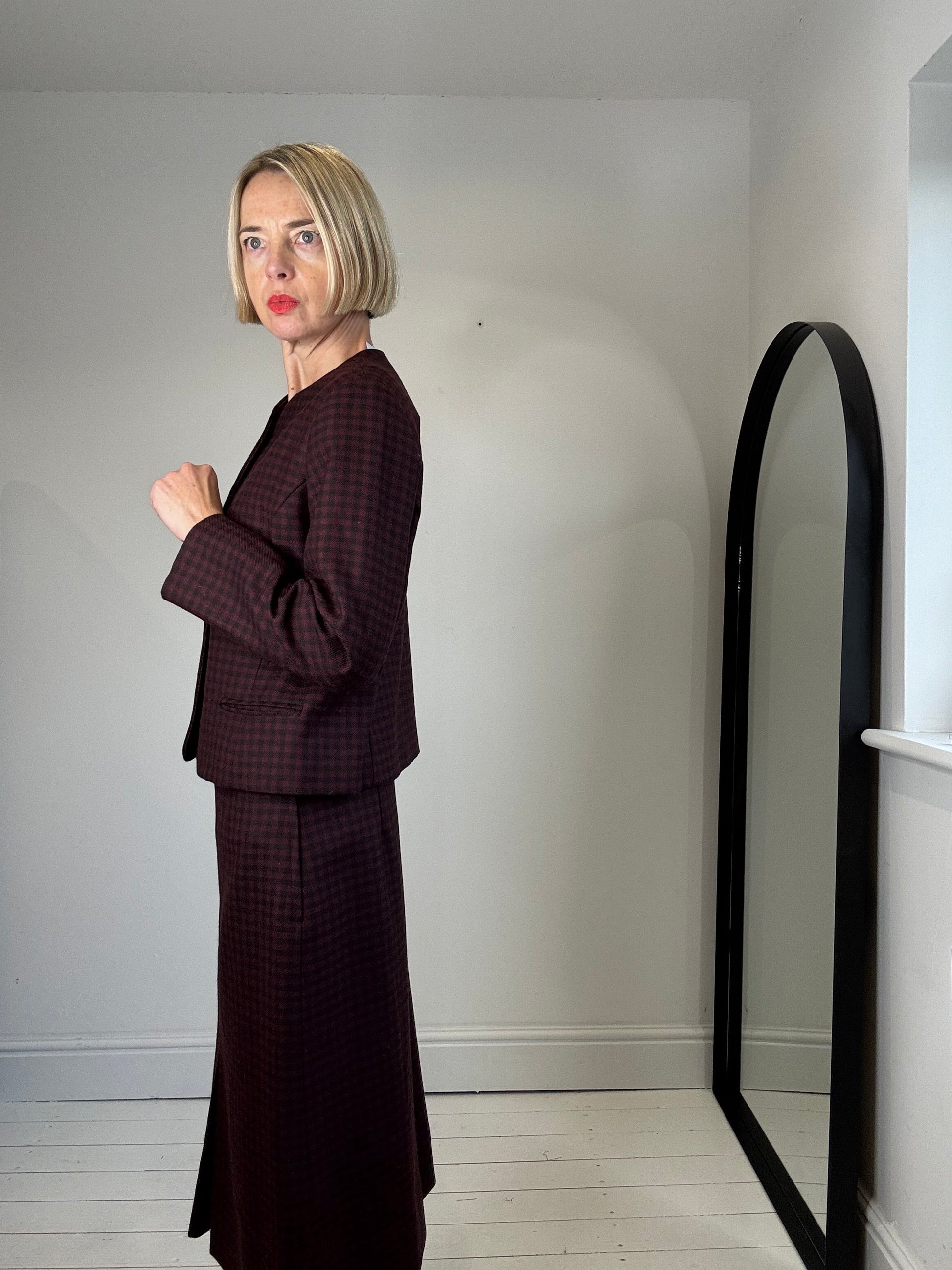 Wool Check Skirt with Box Pleat in Burgundy and Black