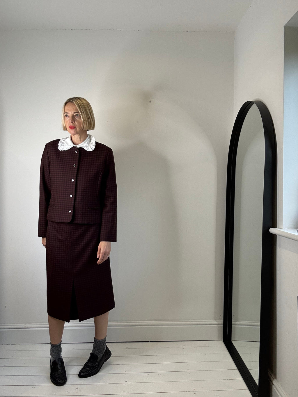 Wool Check Skirt with Box Pleat in Burgundy and Black