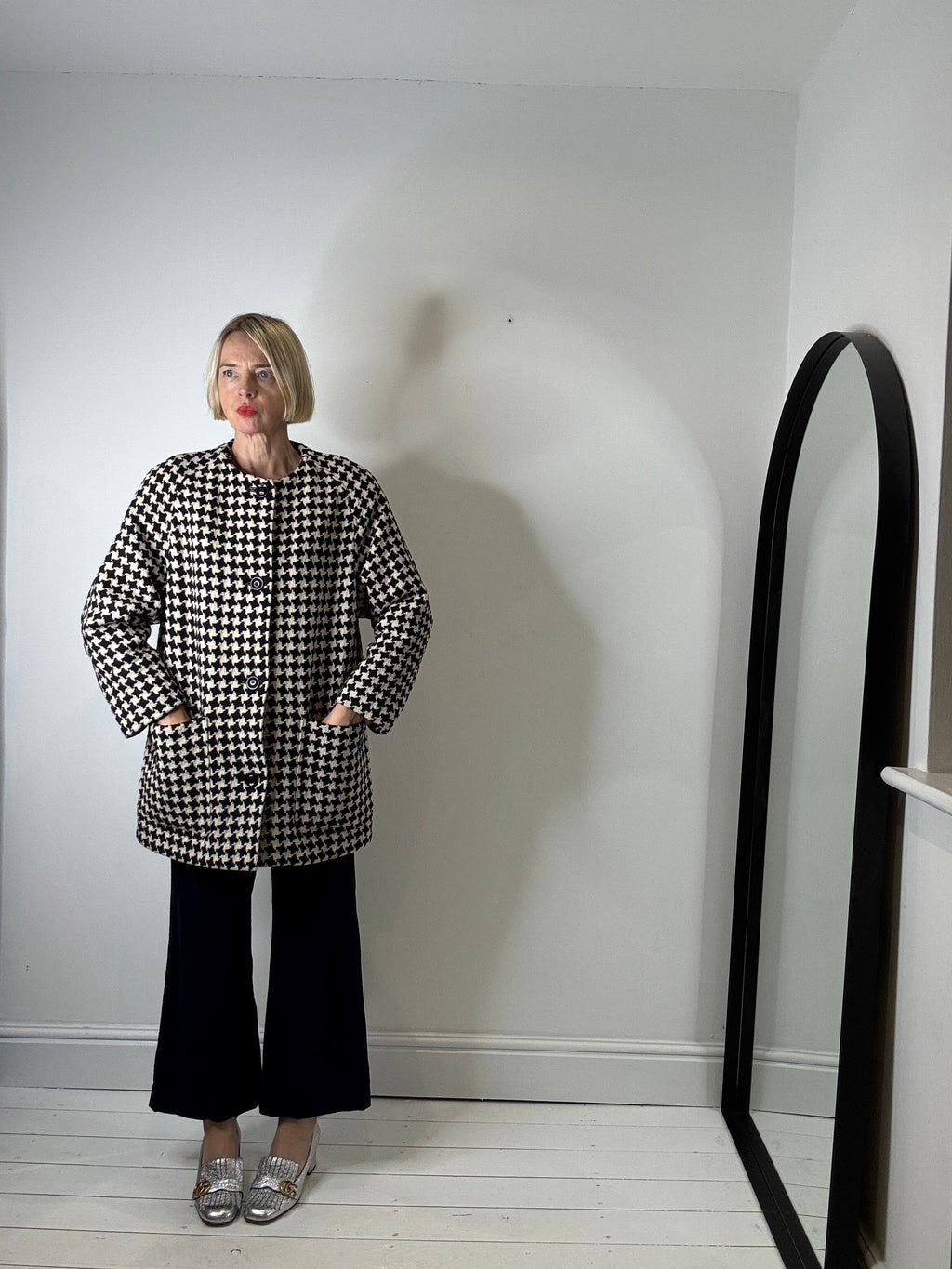 Vintage Dogtooth Wool Collarless Coat