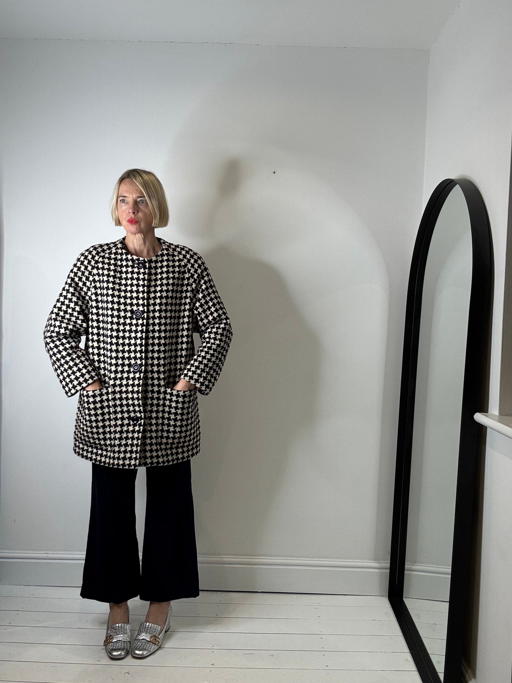 Vintage Dogtooth Wool Collarless Coat
