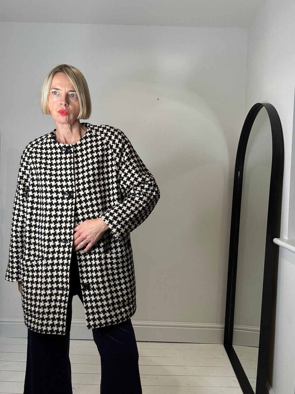 Vintage Dogtooth Wool Collarless Coat