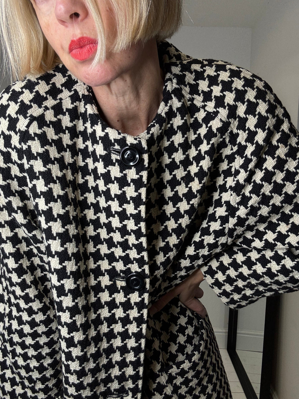 Vintage Dogtooth Wool Collarless Coat