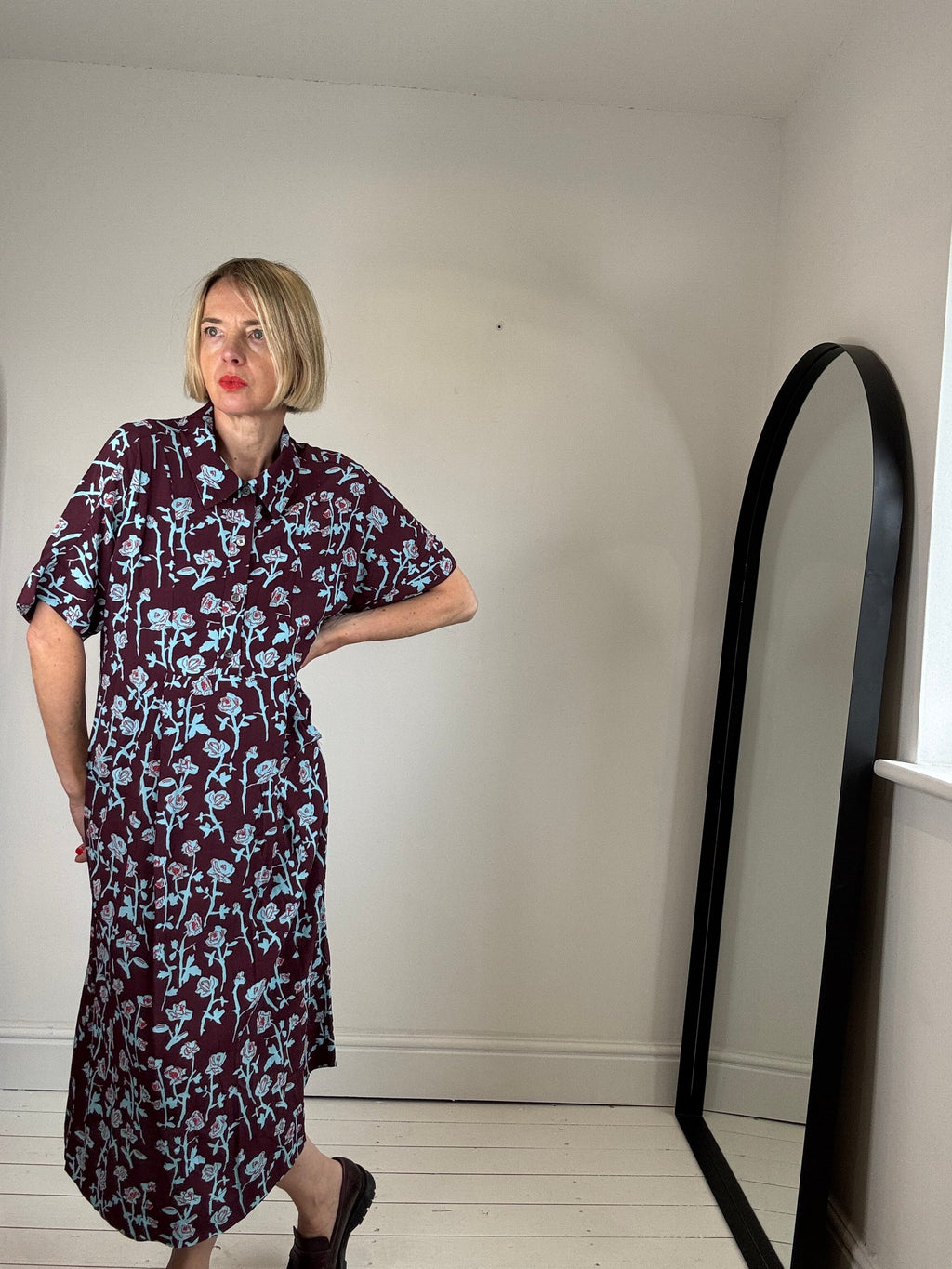 Crepe Dress in Burgundy with Blue and Red Rose Print