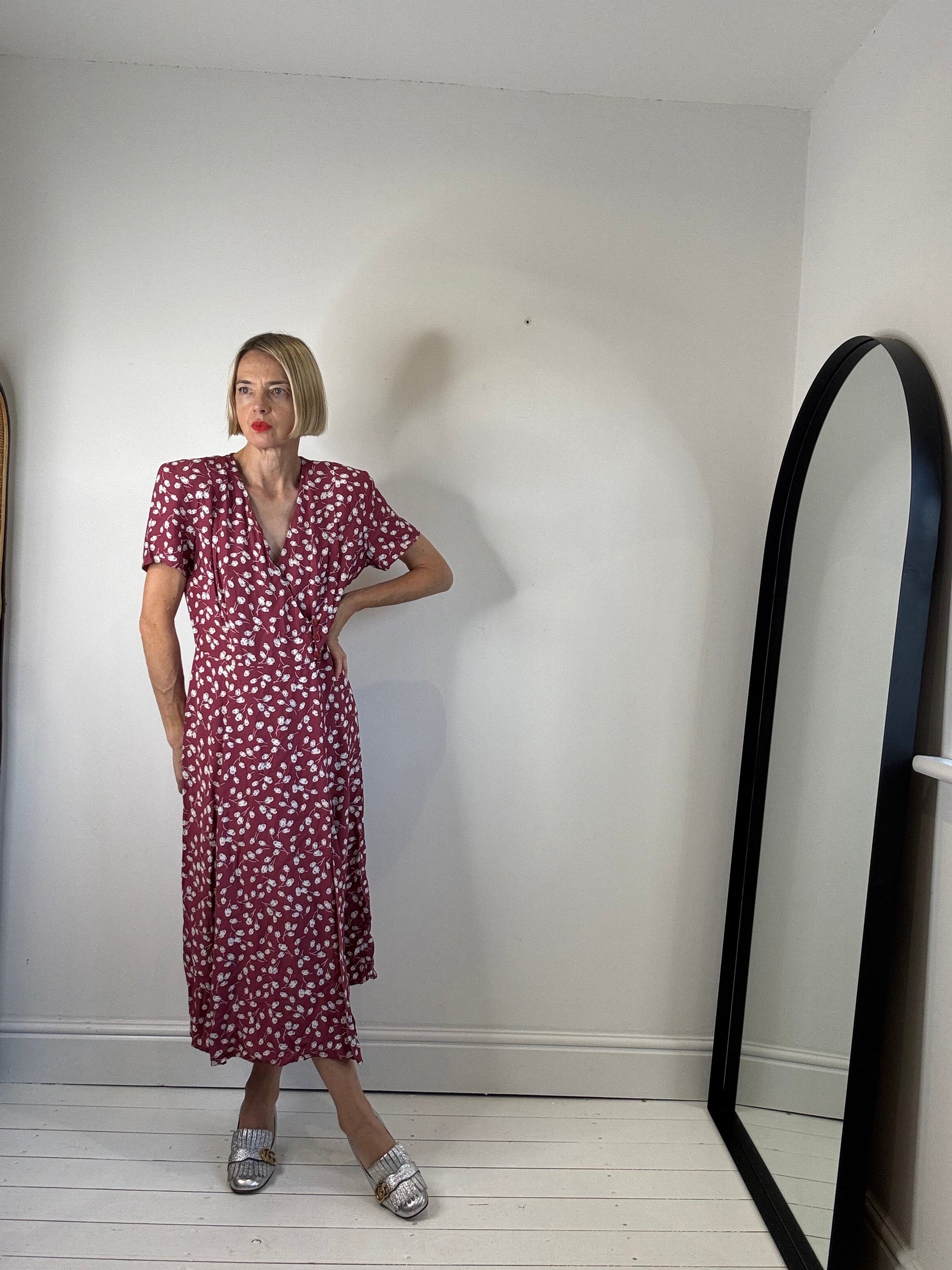Vintage Plum Print Wrap Dress