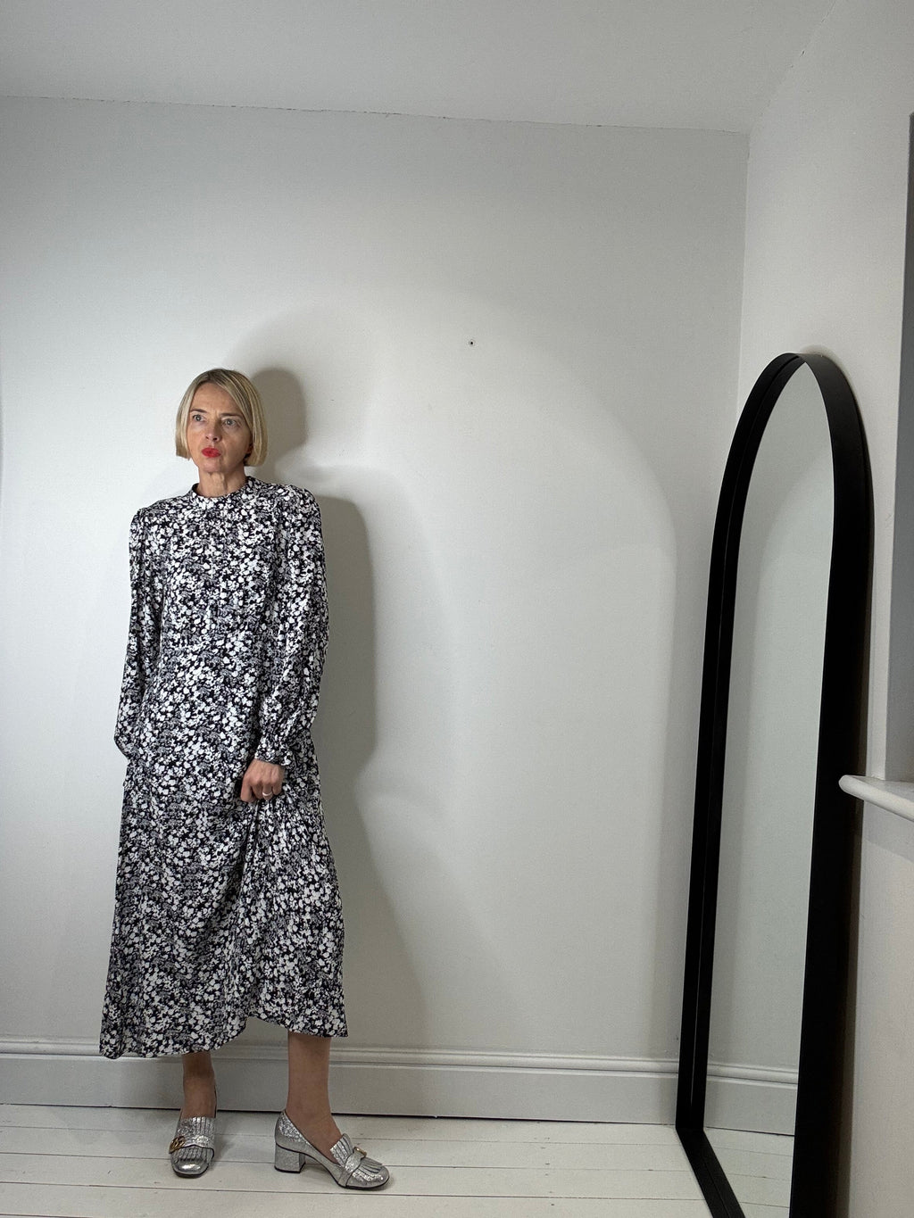 Mono Floral Print Midi Dress in Black and White