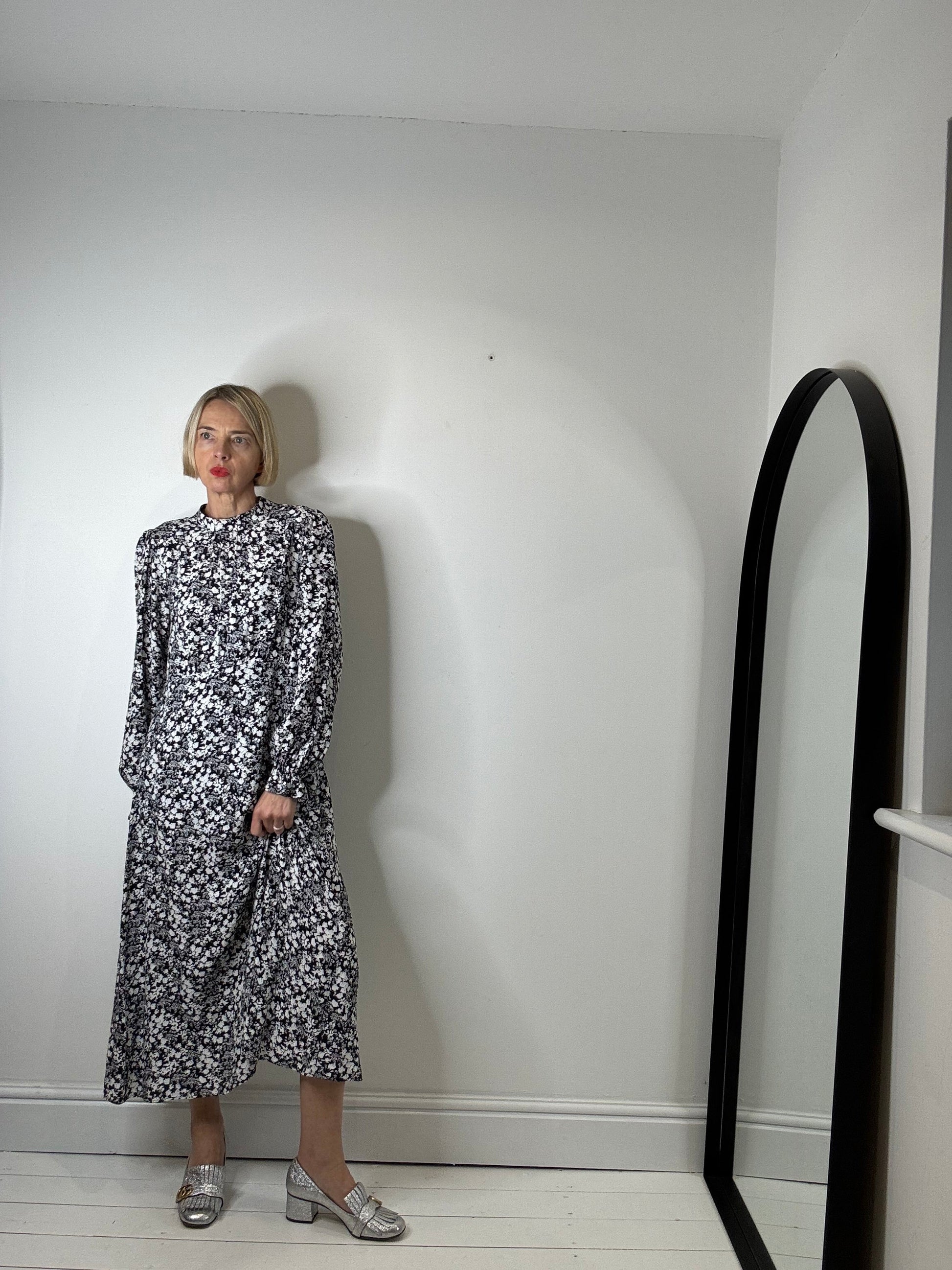 Mono Floral Print Midi Dress in Black and White