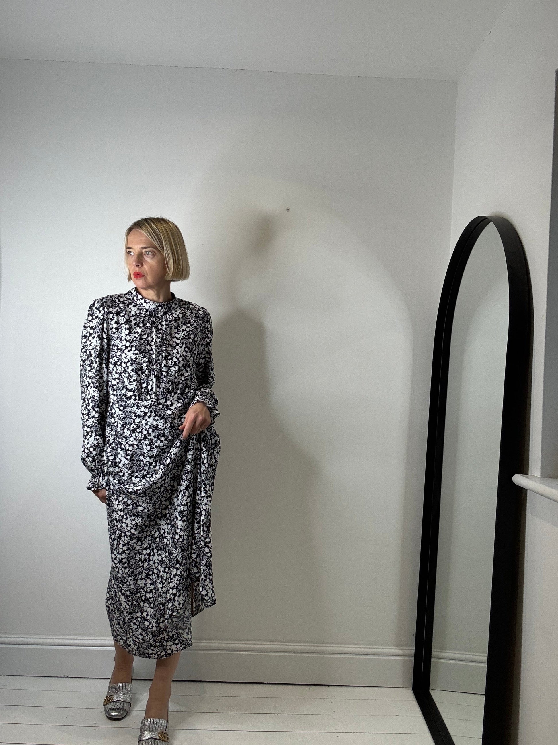 Mono Floral Print Midi Dress in Black and White