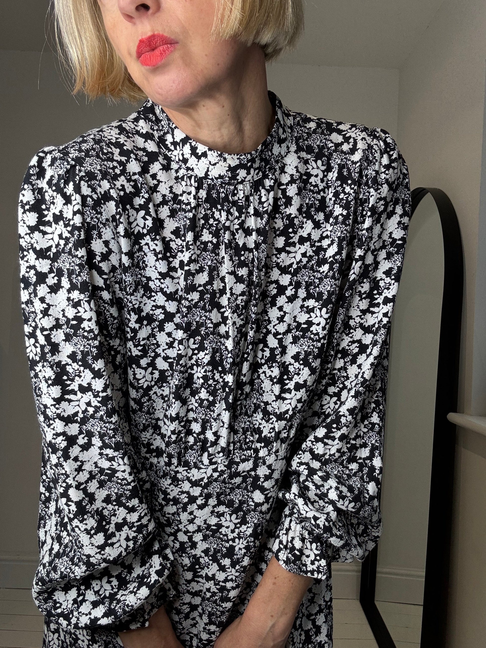 Mono Floral Print Midi Dress in Black and White