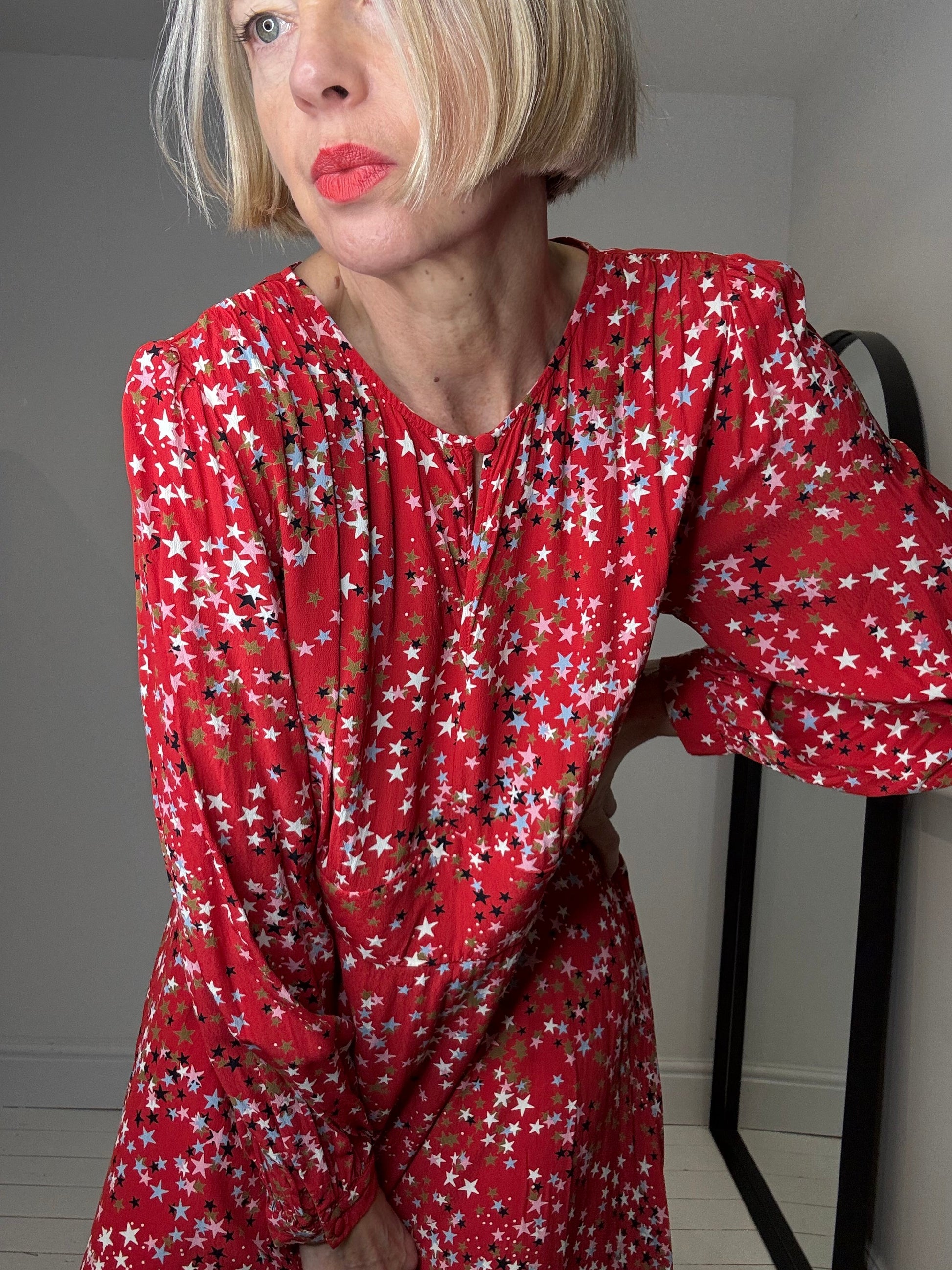 Star Print Midi Dress with Keyhole Neckline