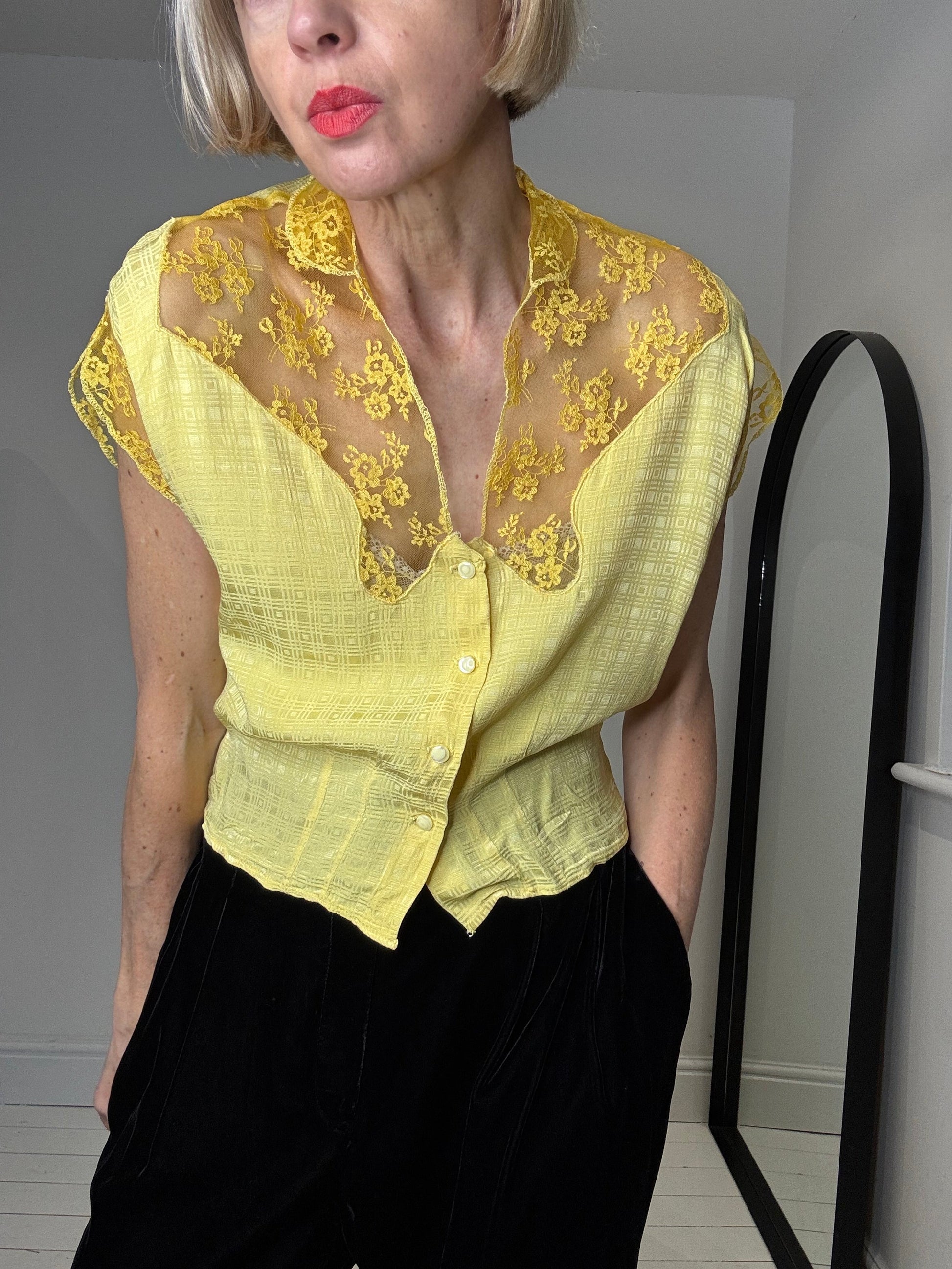 Vintage Jacquard Blouse with Lace Collar