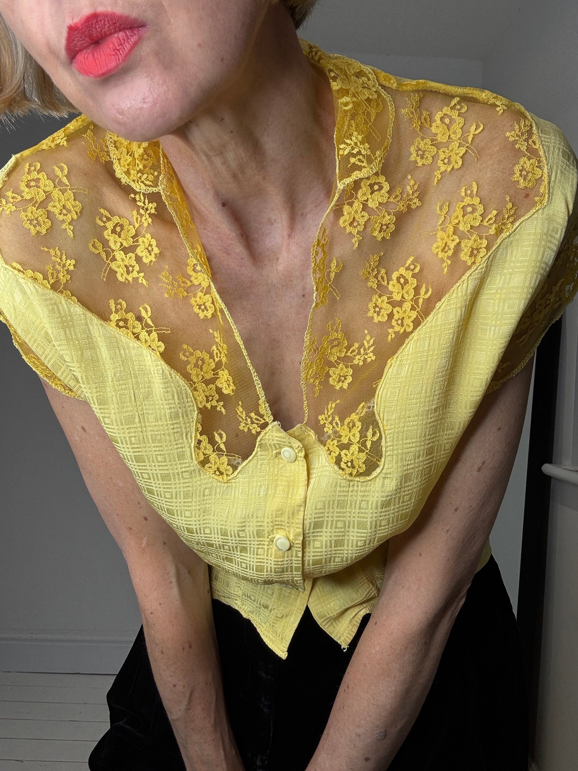 Vintage Jacquard Blouse with Lace Collar