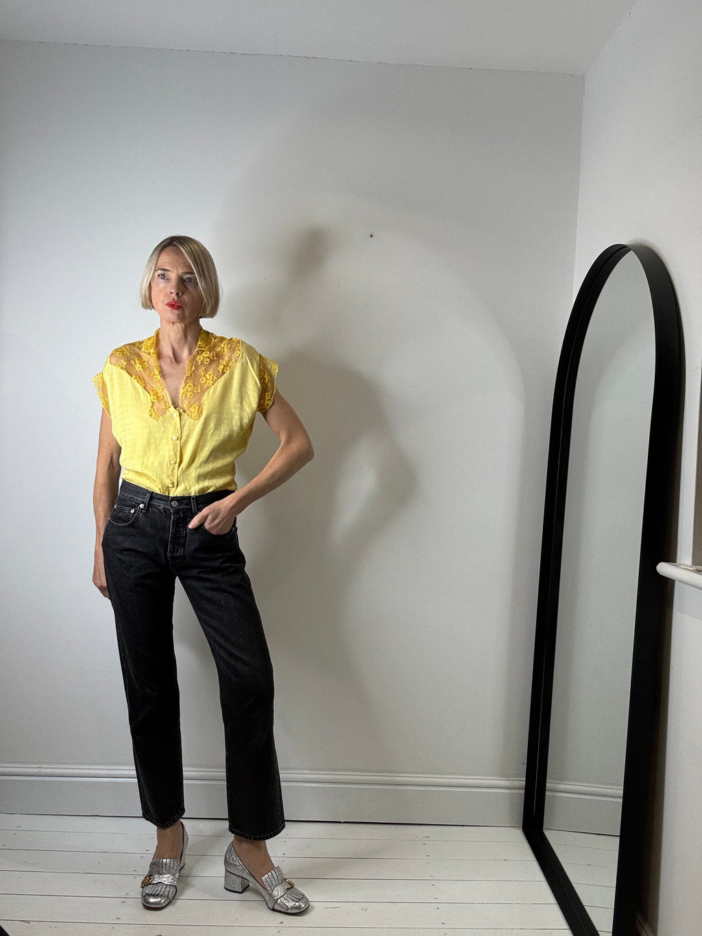 Vintage Jacquard Blouse with Lace Collar