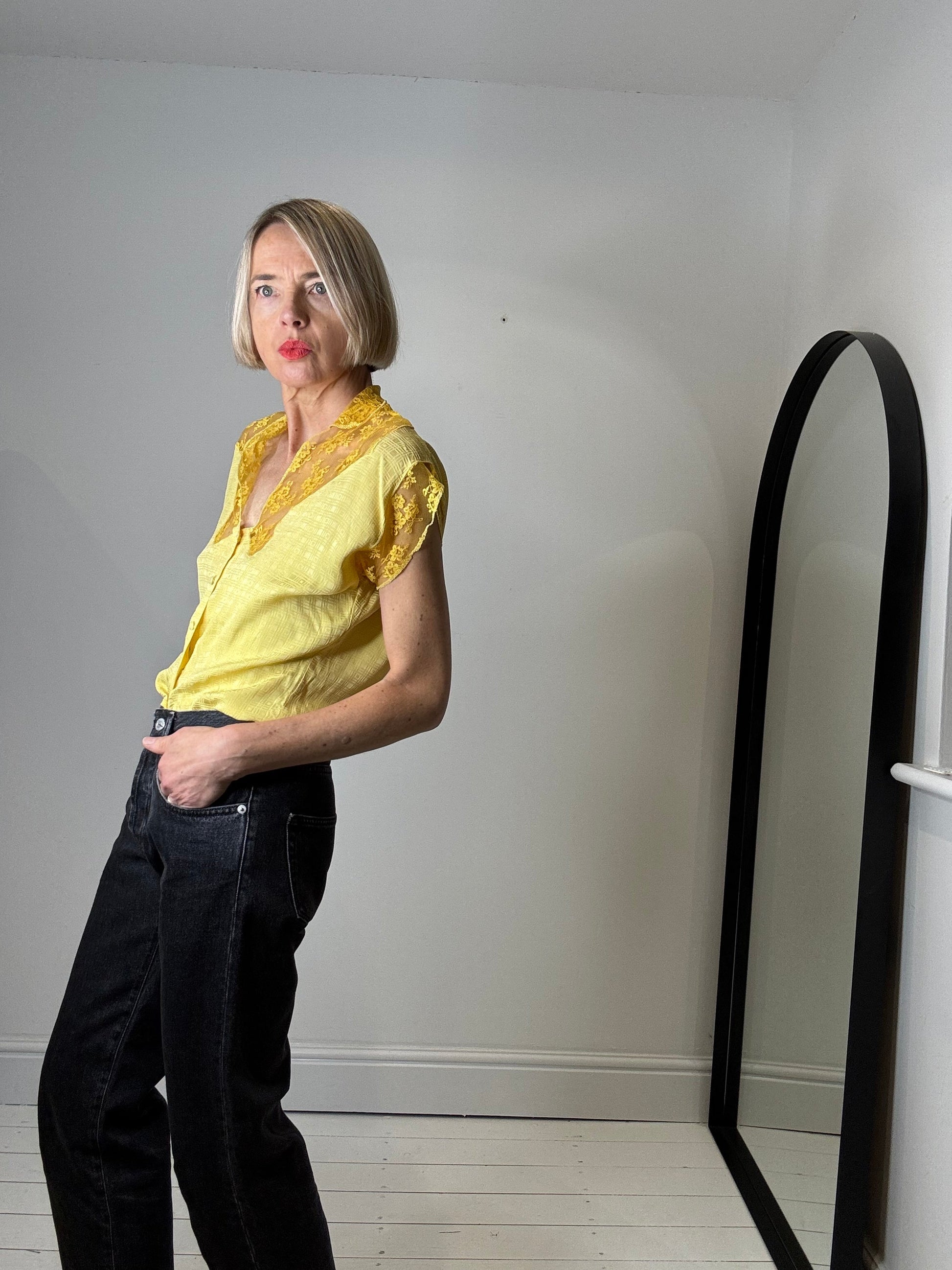 Vintage Jacquard Blouse with Lace Collar