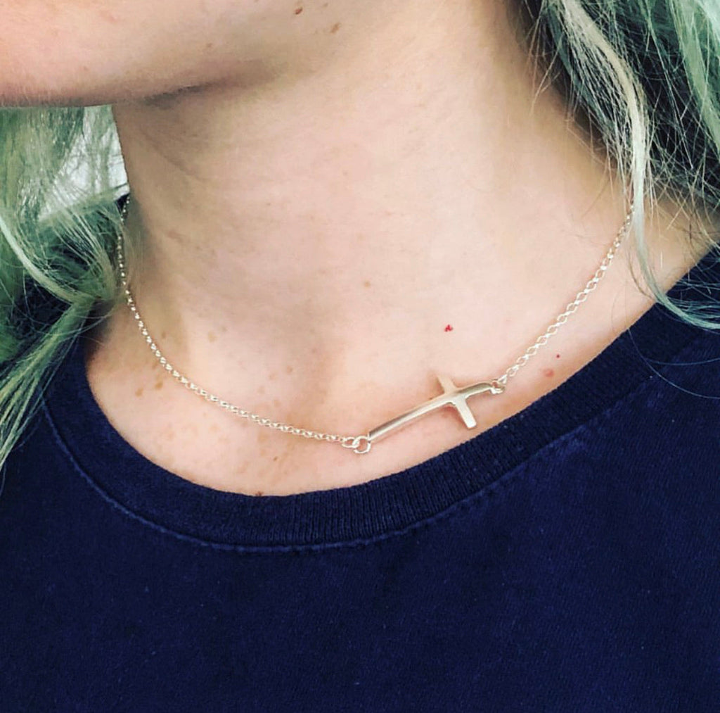 Sterling Silver Side Cross Necklace