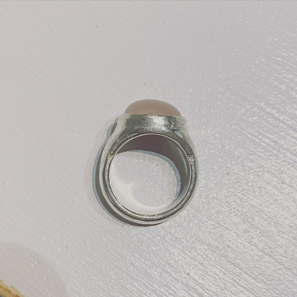 Rose Quartz Moon Ring Signet in Recycled Silver