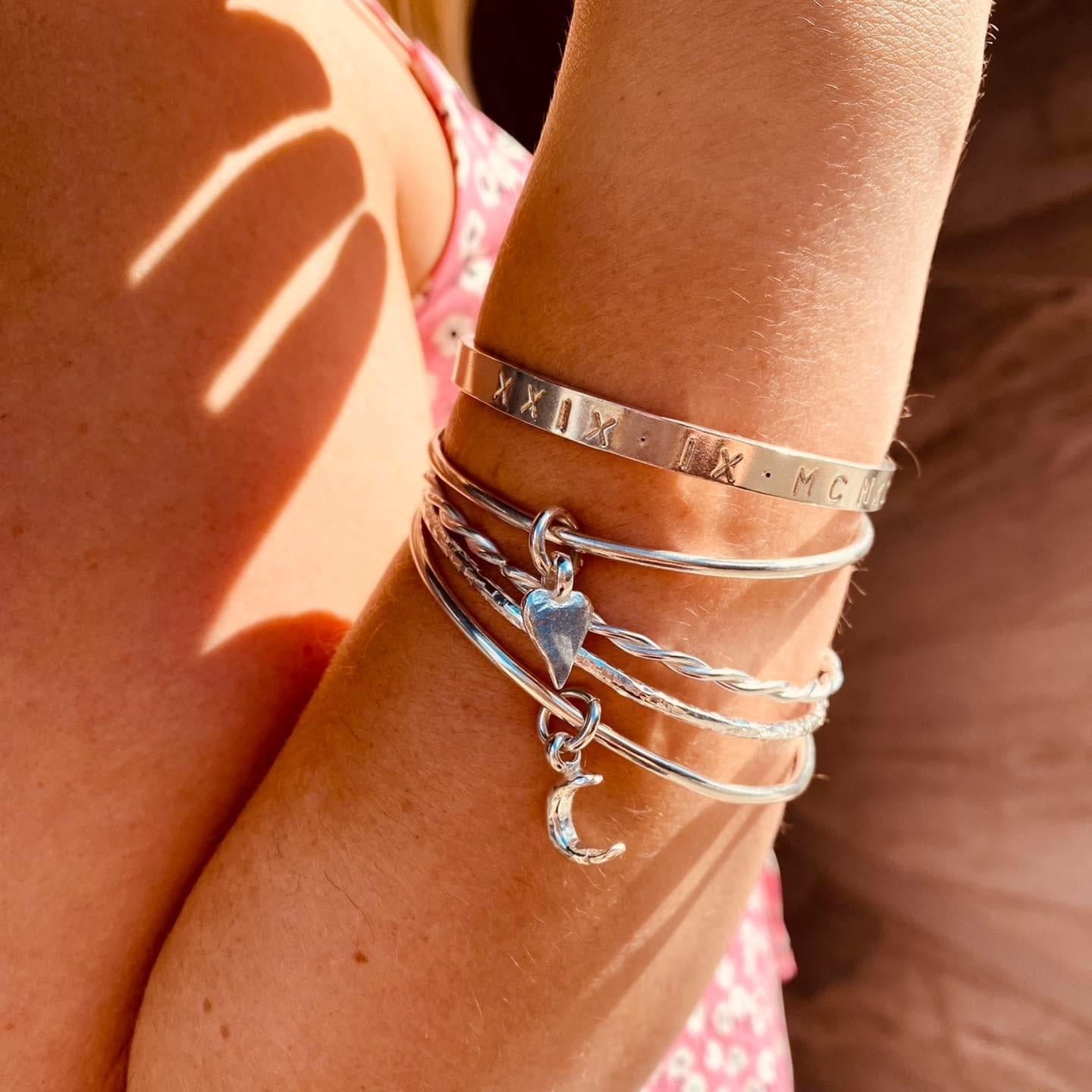 Crescent Moon Charm Bangle in Recycled Sterling Silver