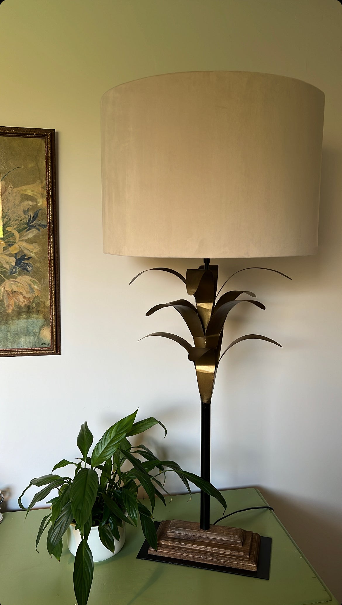 Cream velvet wonderland drum lampshade, double sided lampshade with sage wonderland paper on interior