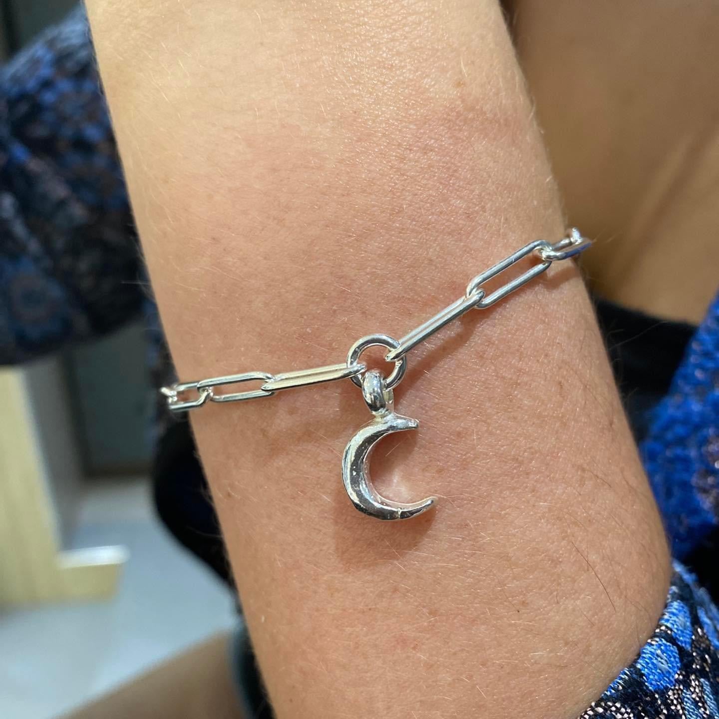 Crescent Moon Trace Chain Bracelet in Sterling Silver