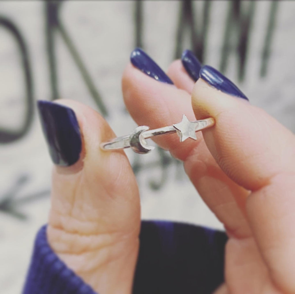 Moon and Star Ring in Recycled Silver