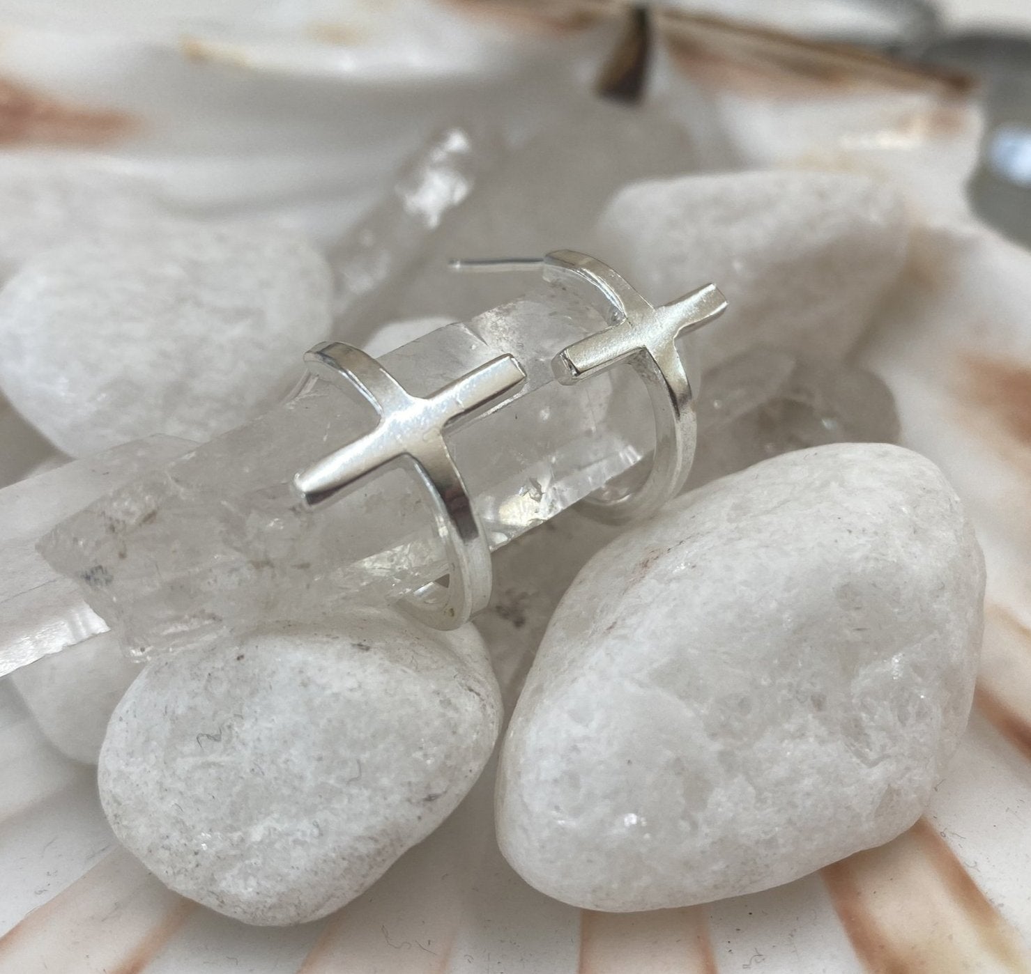 Cross Hoop Earrings in Sterling Silver