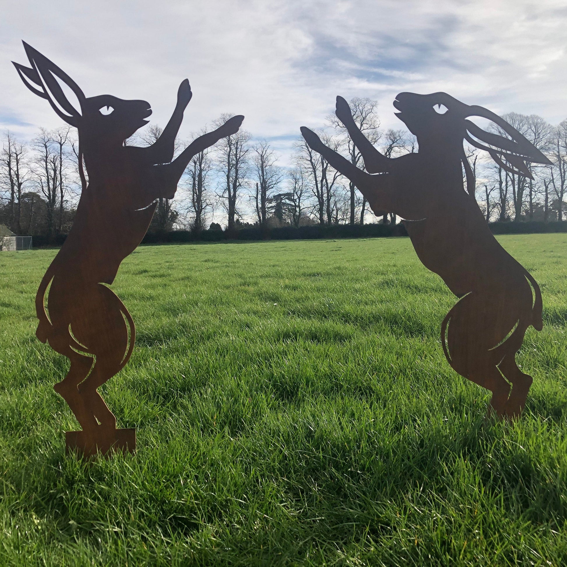 Pair of Rusty Metal Boxing Hares Garden Statue