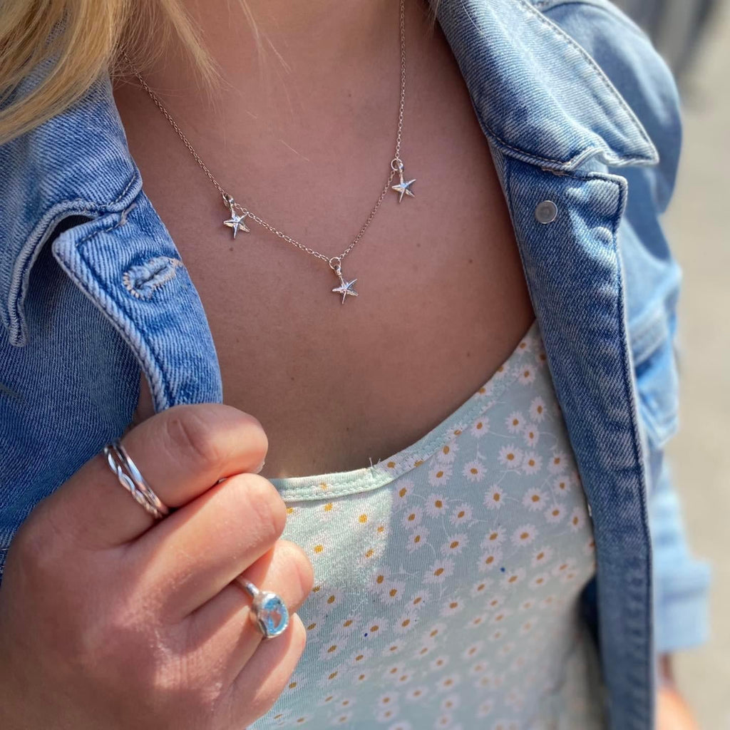 3 Starfish Charm Necklace in Sterling Silver
