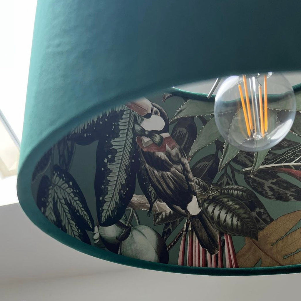 Green velvet wonderland drum lampshade, double sided lampshade with sage wonderland paper on interior