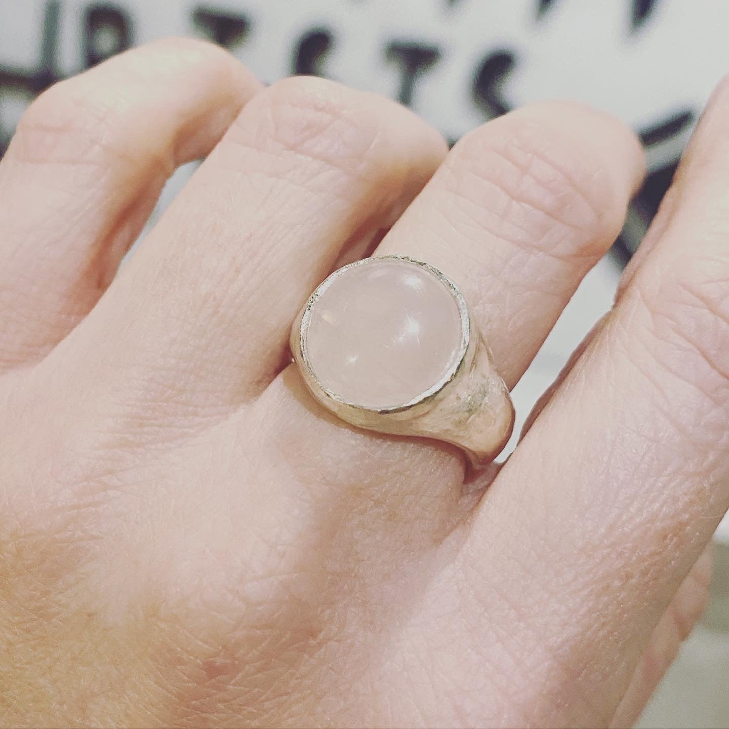 Rose Quartz Moon Ring Signet in Recycled Silver