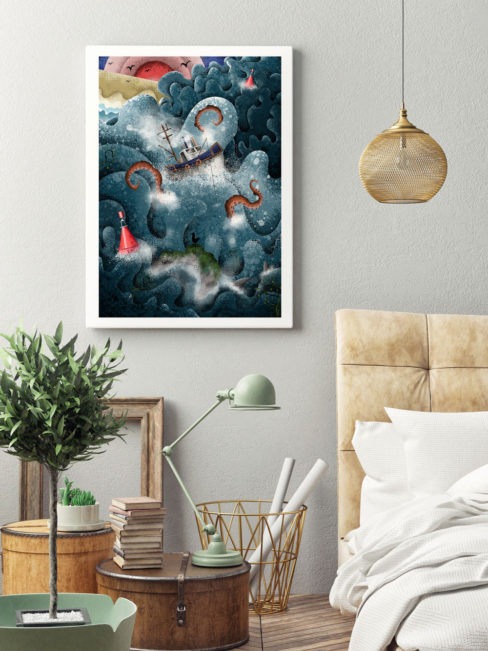 Fishing Boat and Octopus Illustration Print