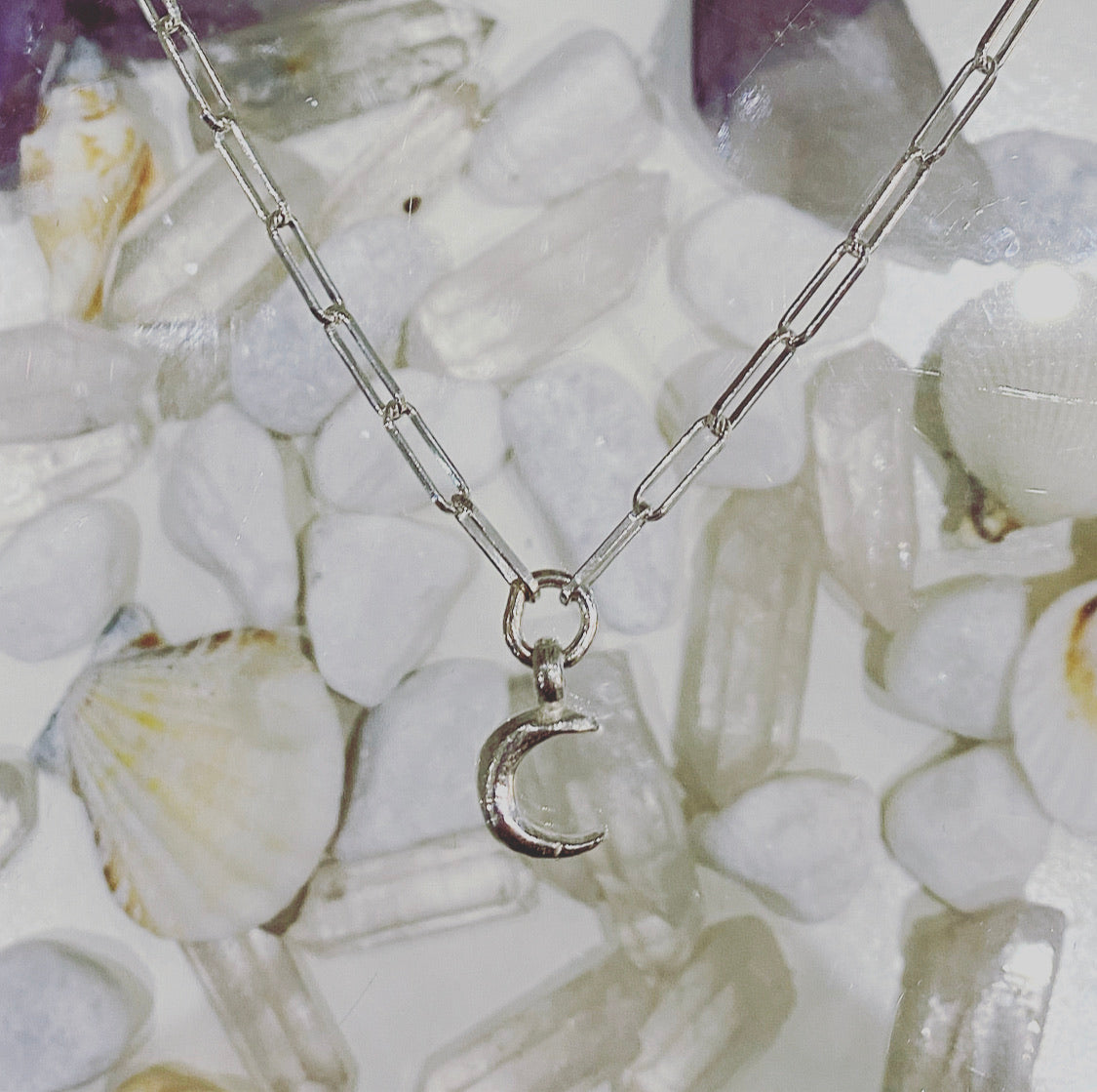 Crescent Moon Trace Chain Necklace in Sterling Silver