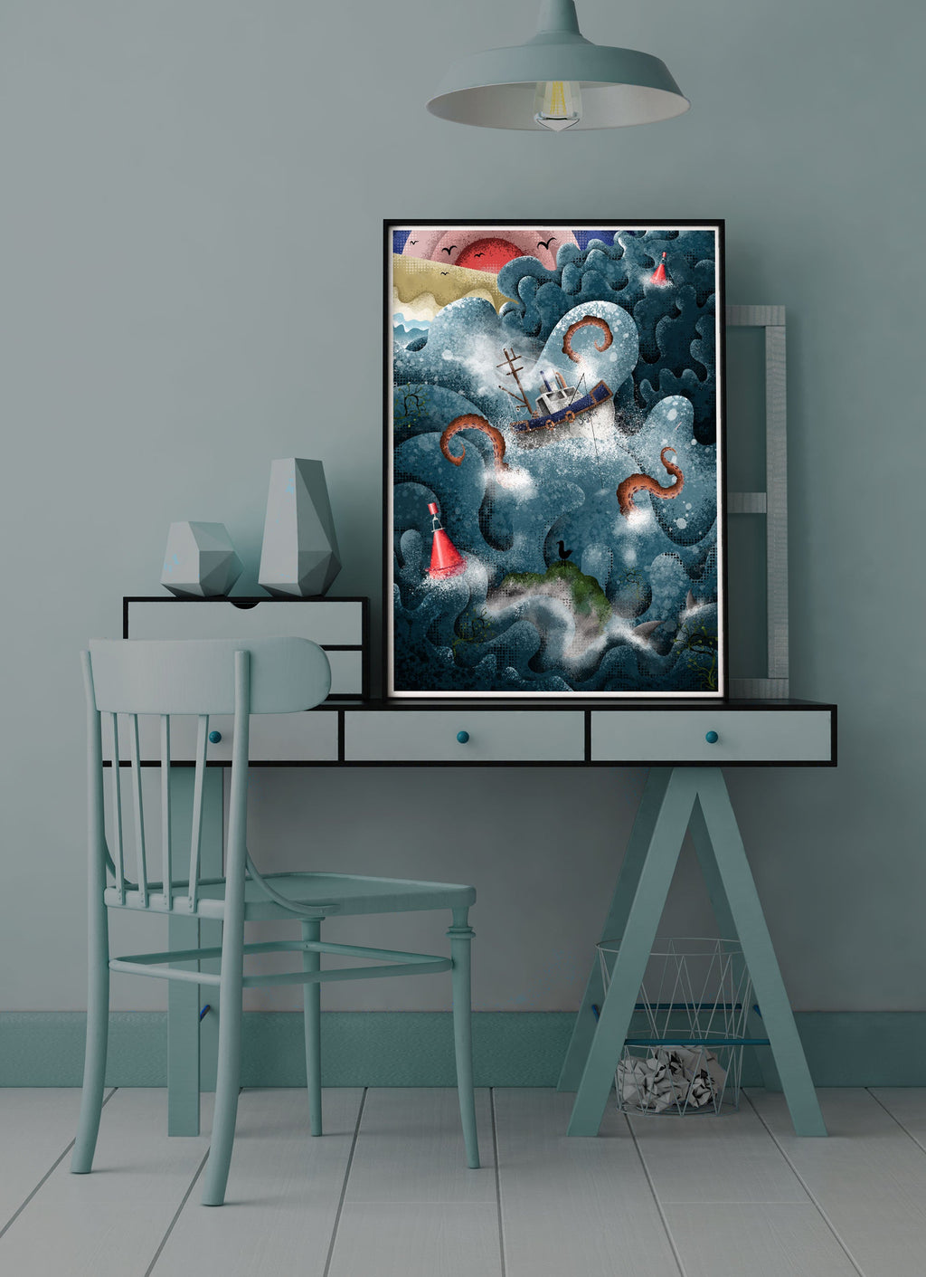 Fishing Boat and Octopus Illustration Print